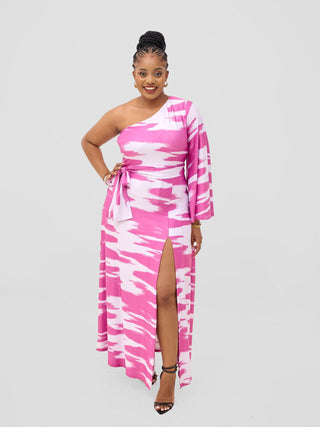Vivo Yene One Shoulder Maxi Dress - White / Burgundy Shibori Print