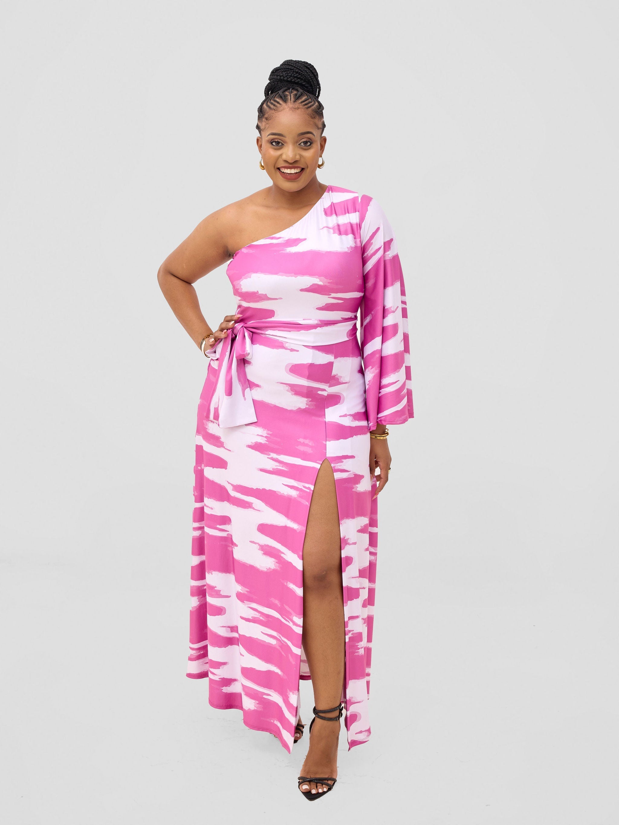 Vivo Yene One Shoulder Maxi Dress - White / Burgundy Shibori Print