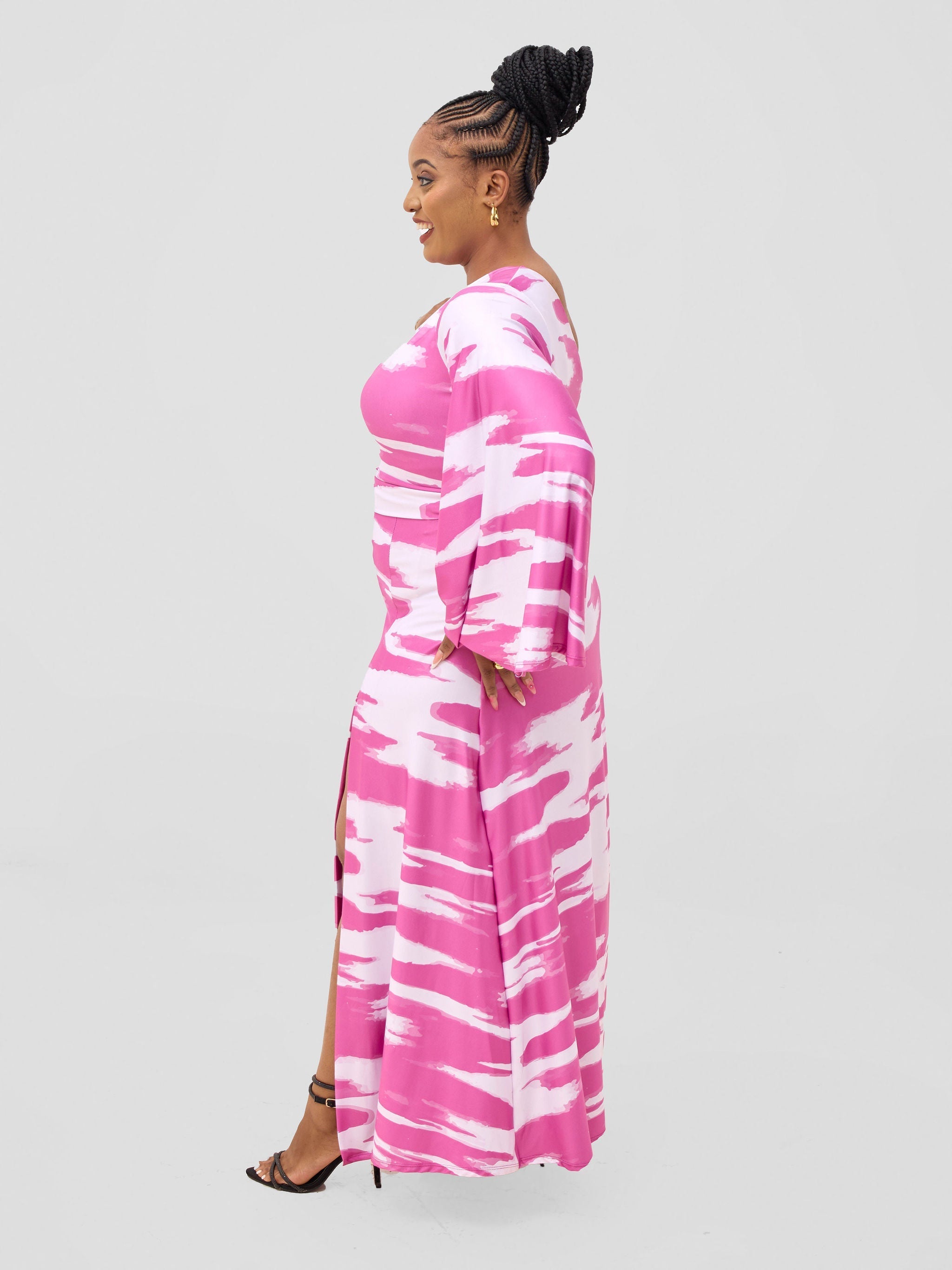 Vivo Yene One Shoulder Maxi Dress - White / Burgundy Shibori Print