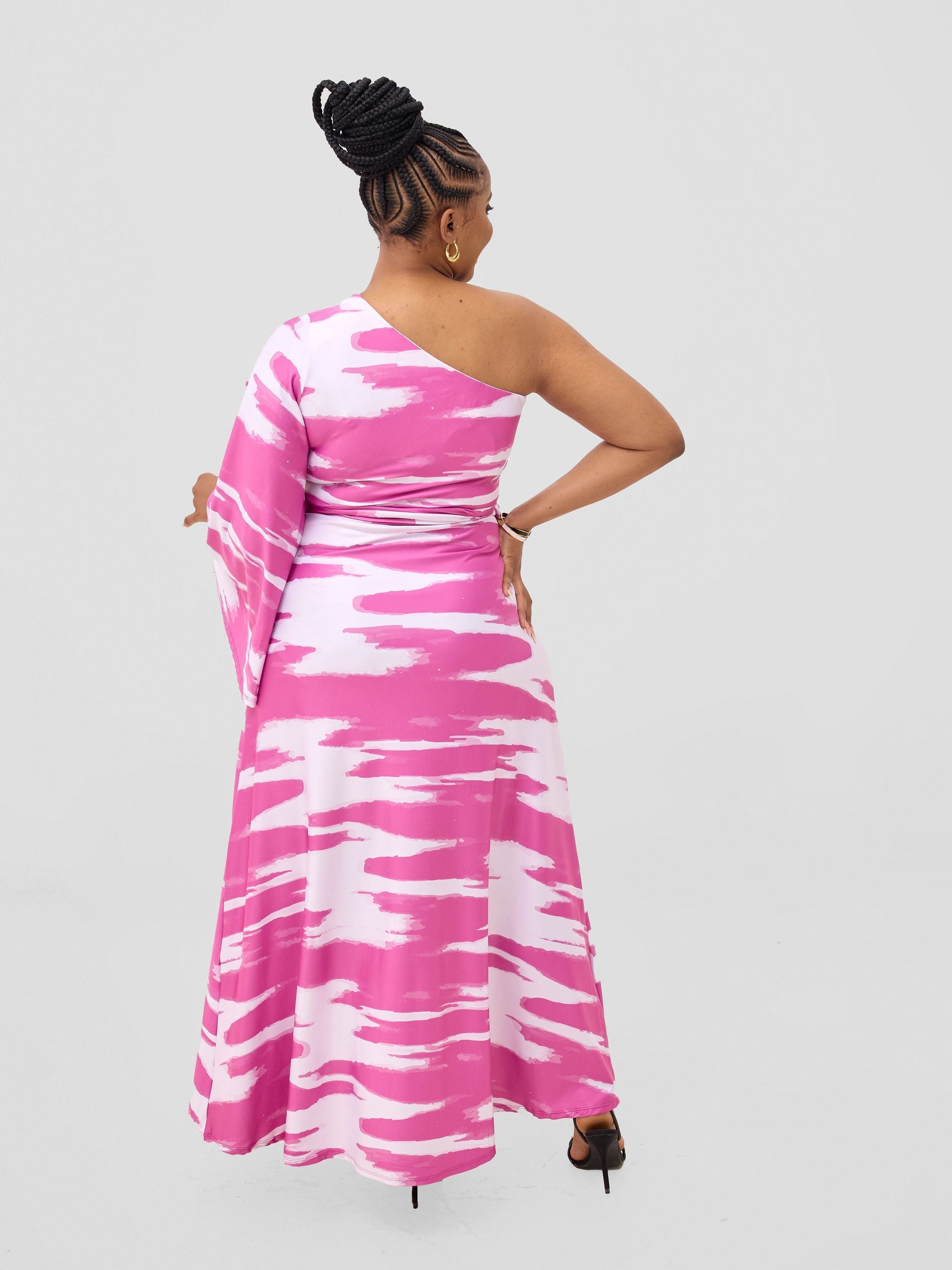 Vivo Yene One Shoulder Maxi Dress - White / Burgundy Shibori Print