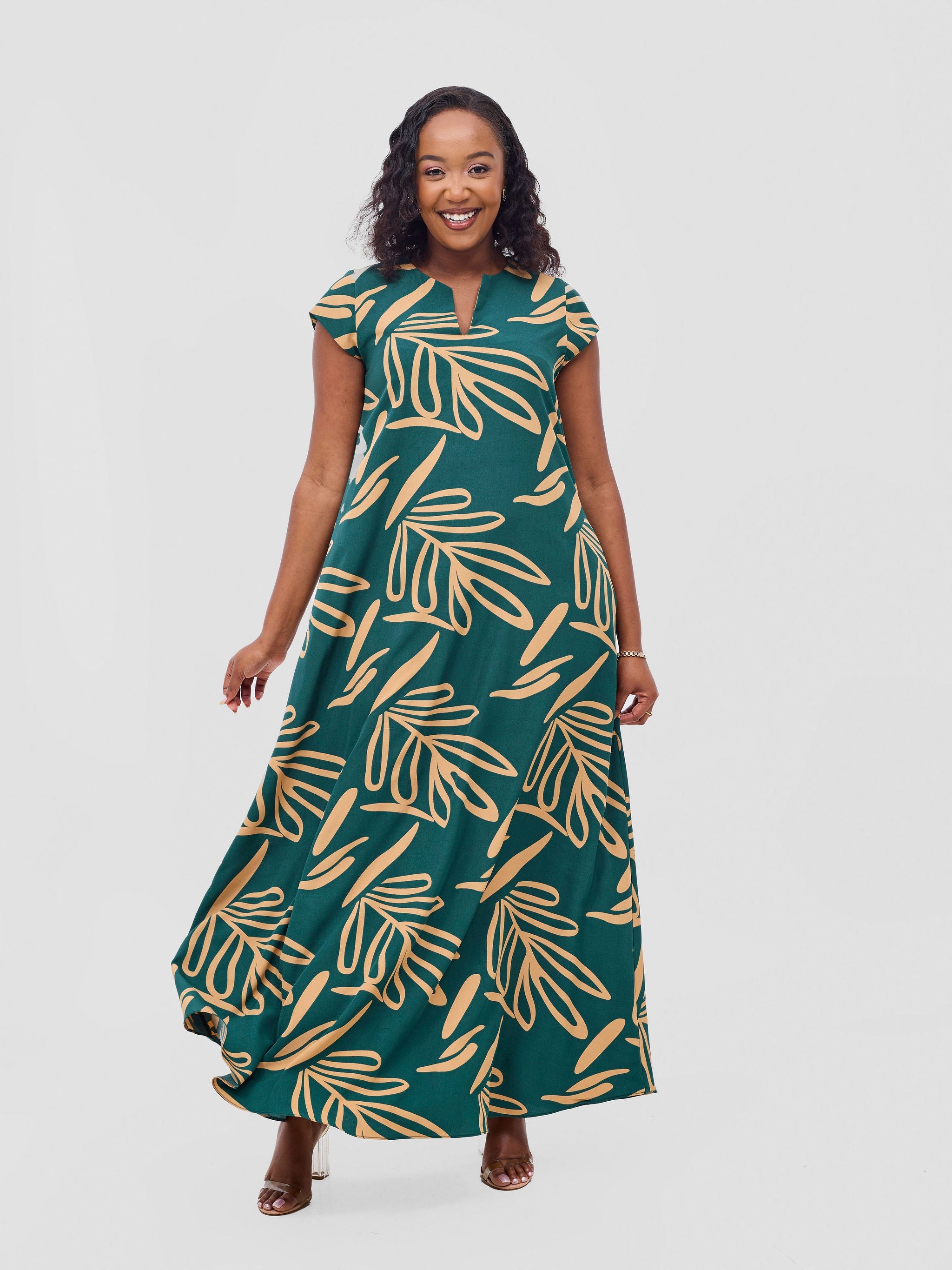 Vivo Zola V Neck Cap Sleeve Maxi Dress - Green / Tan Print