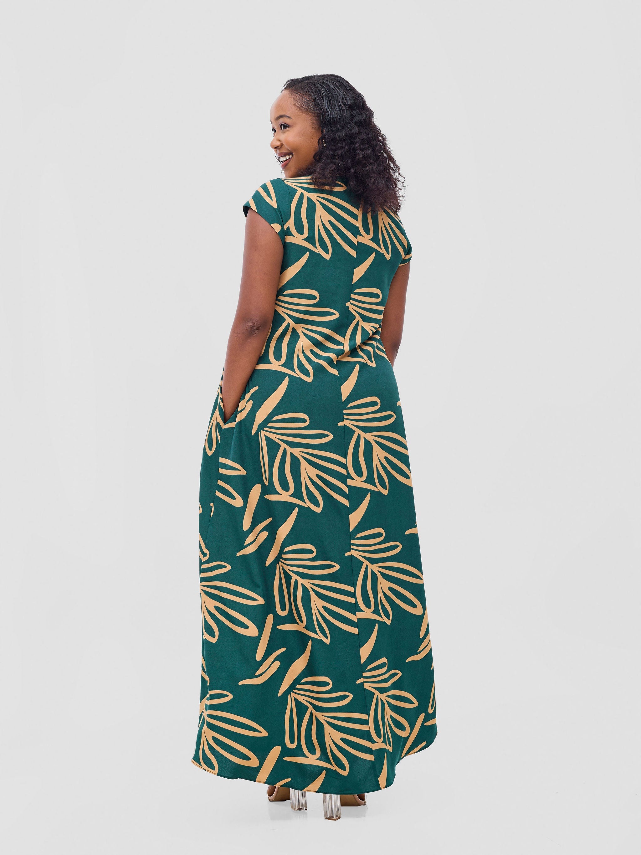 Vivo Zola V Neck Cap Sleeve Maxi Dress - Green / Tan Print