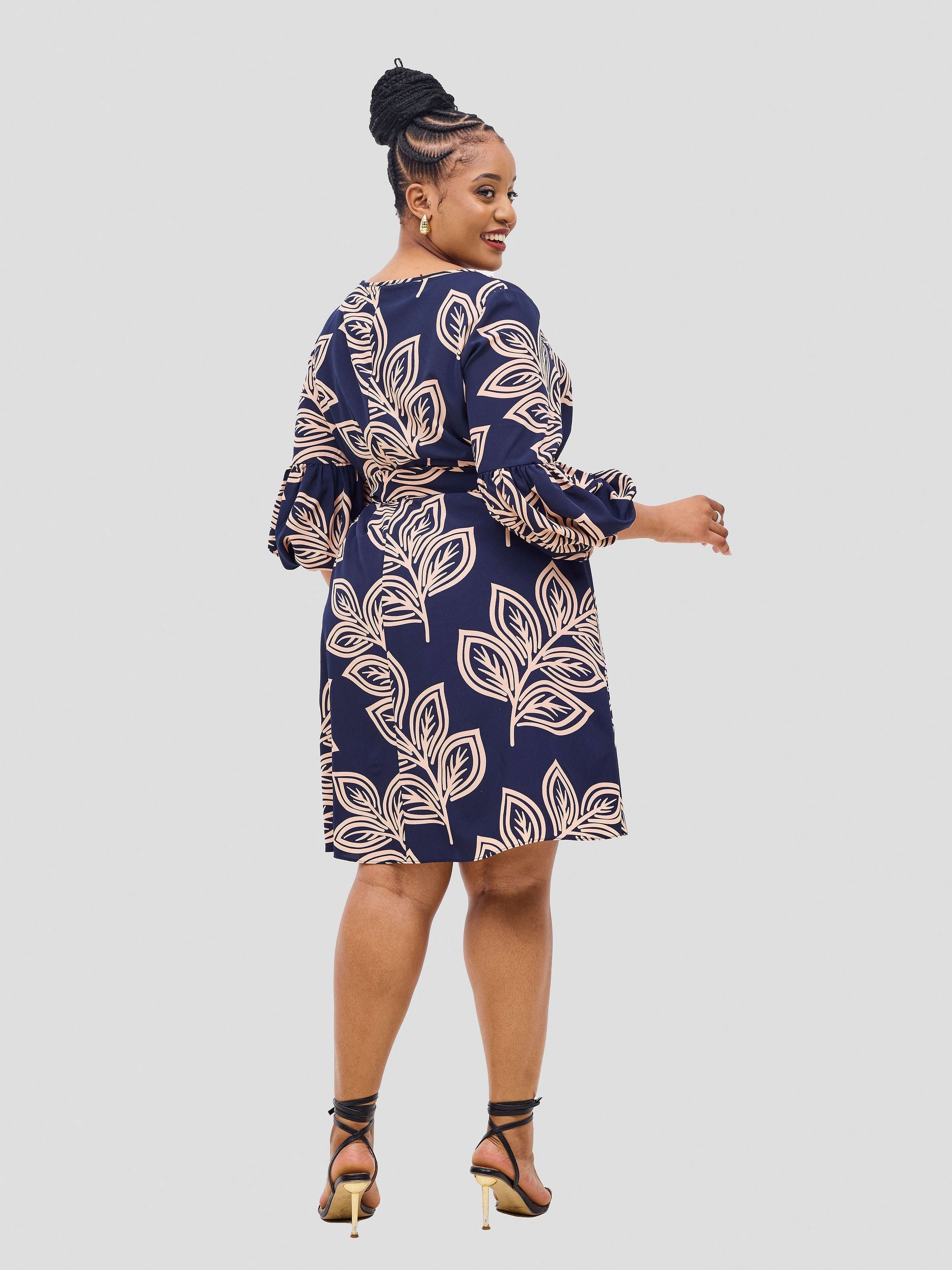 Vivo Zena Bishop Panel Long Sleeve Round Neck Dress - Navy / Peach Print