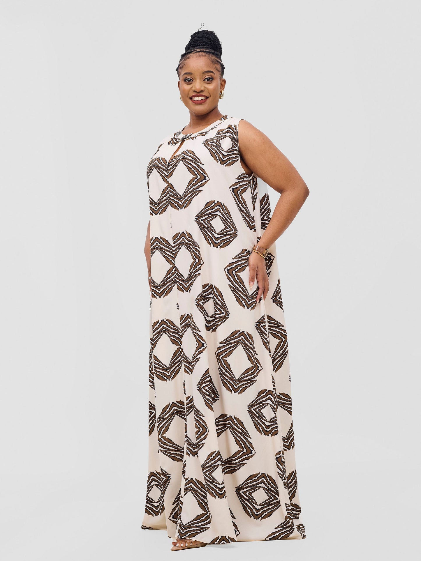 Vivo Ava Tent Maxi Dress - Cream / Brown Print