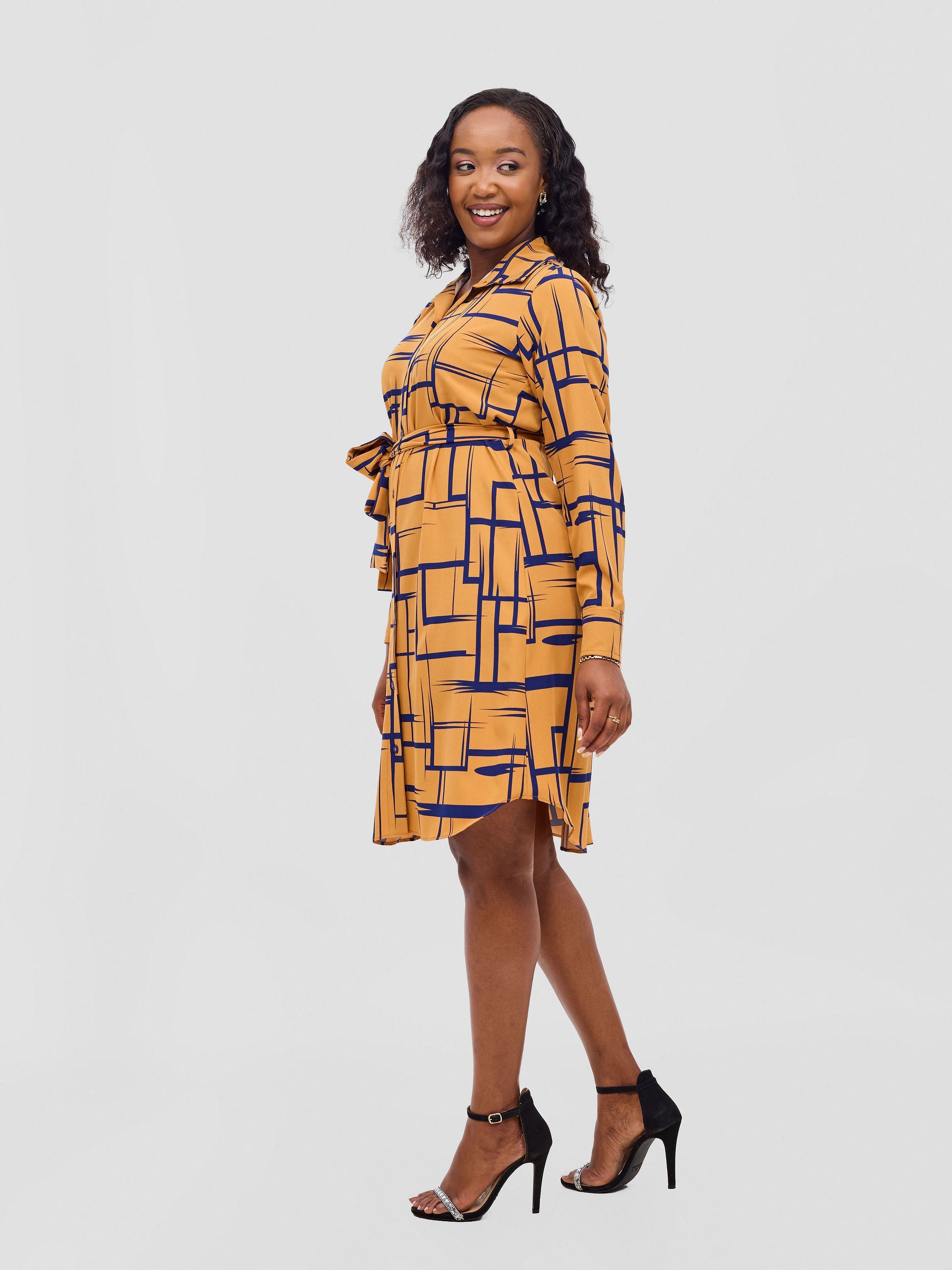 Vivo Basic Knee Length Shirt Dress - Rust / Navy Print