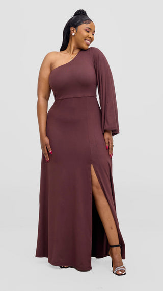 Vivo Ari One Shoulder Maxi Dress - Chocolate Brown
