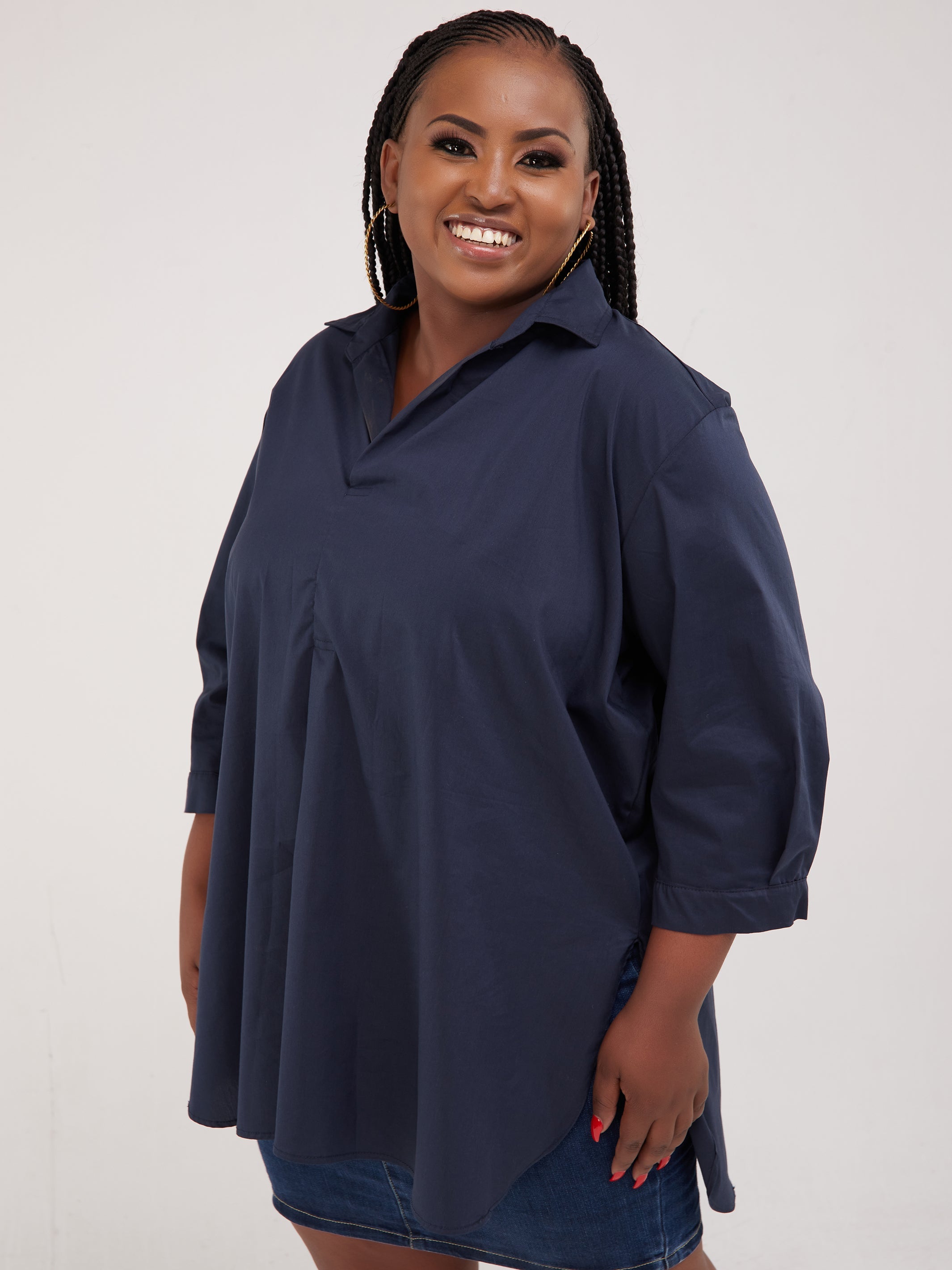 Safari Huru 3/4 Sleeved Loose Top - Navy Blue