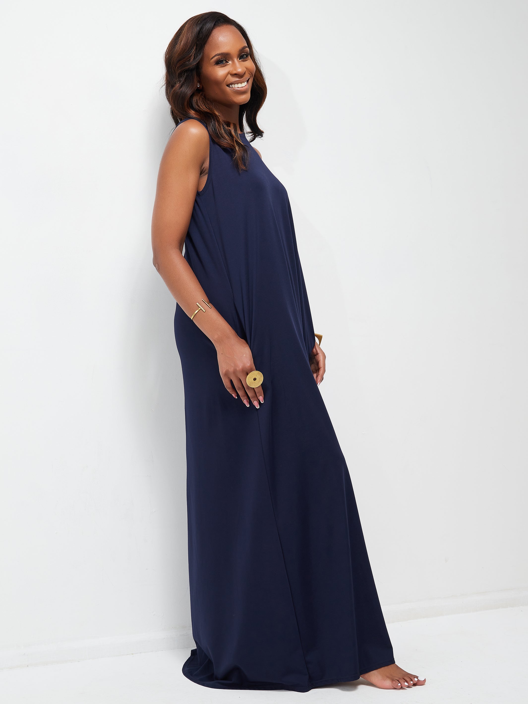 Vivo Ponte Back Pleat Maxi Dress - Navy Blue