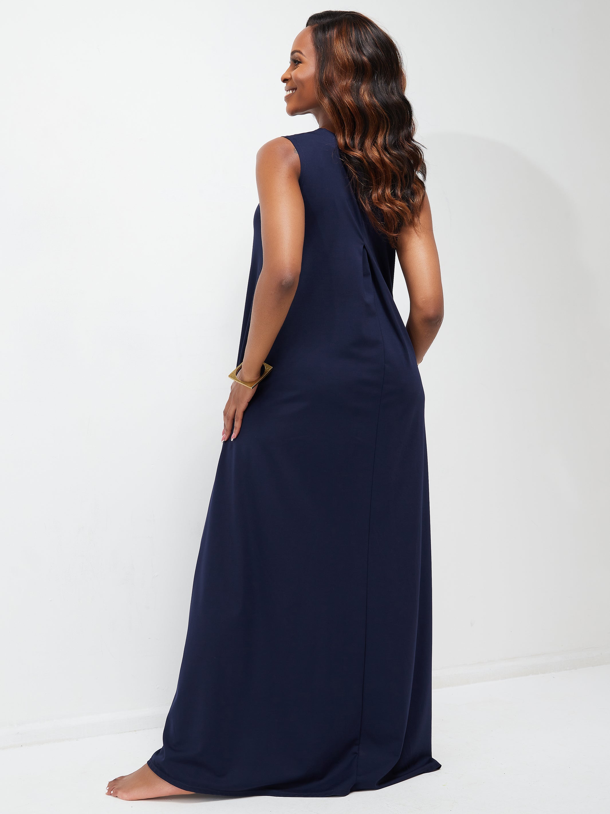 Vivo Ponte Back Pleat Maxi Dress - Navy Blue