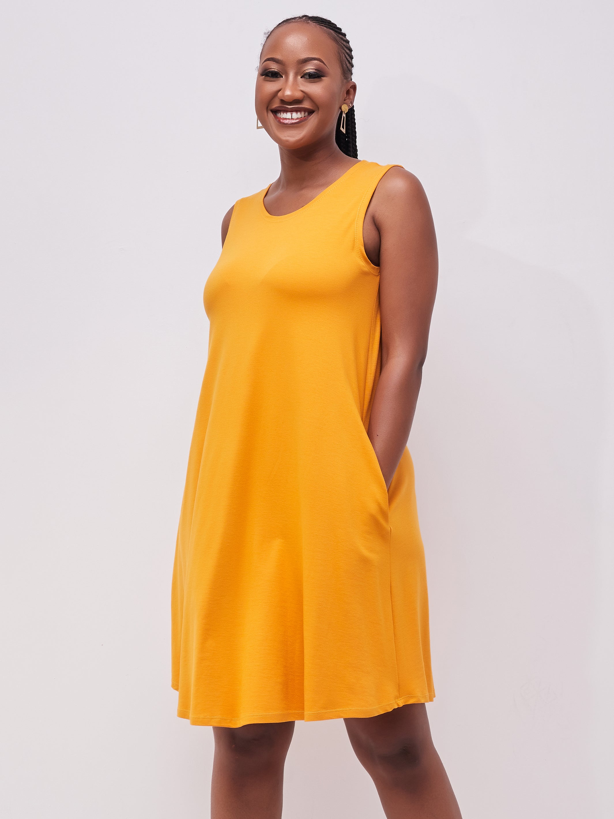 Vivo Basic Julia Back Pleat Knee Length Dress - Mustard