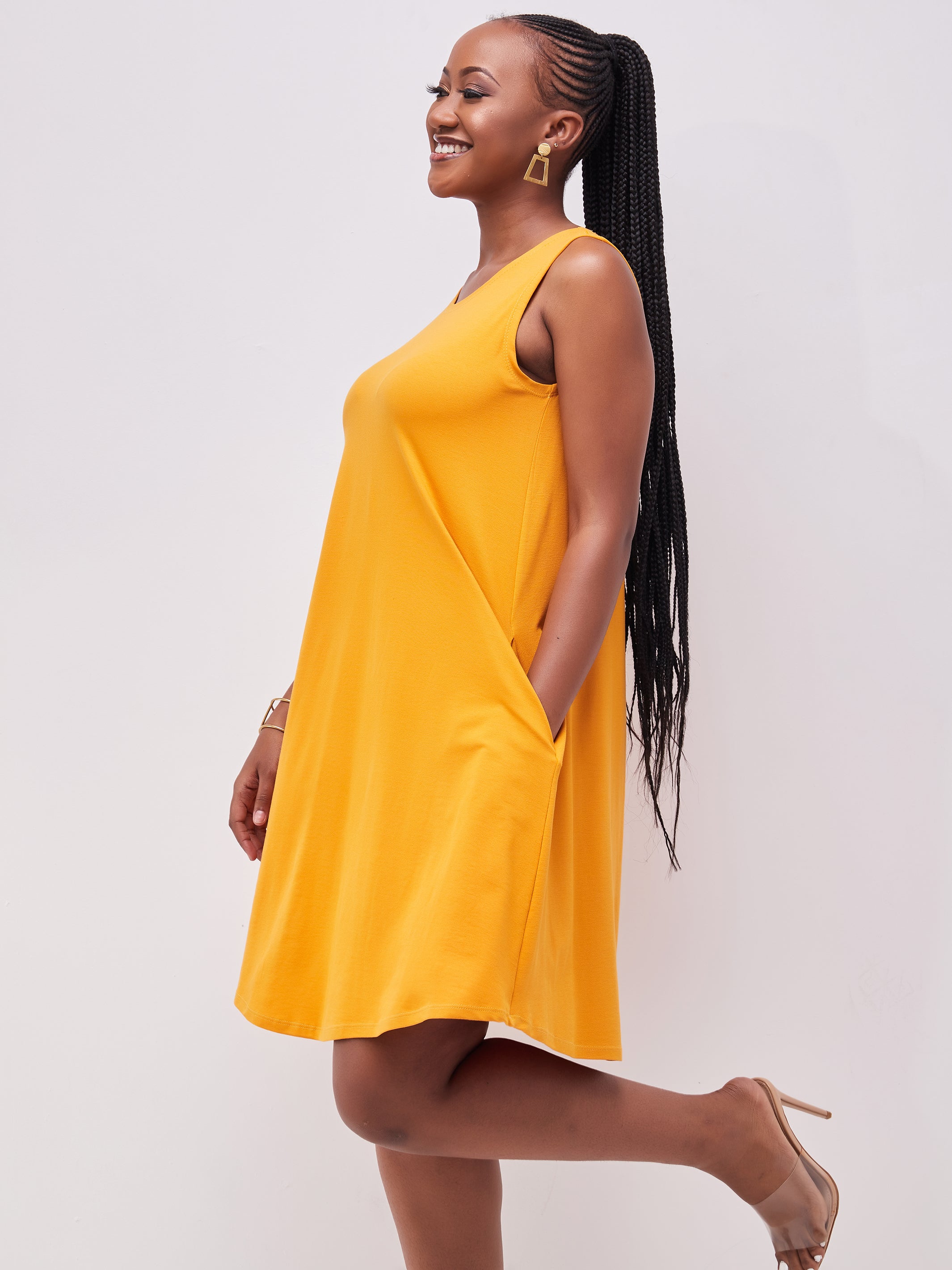 Vivo Basic Julia Back Pleat Knee Length Dress - Mustard