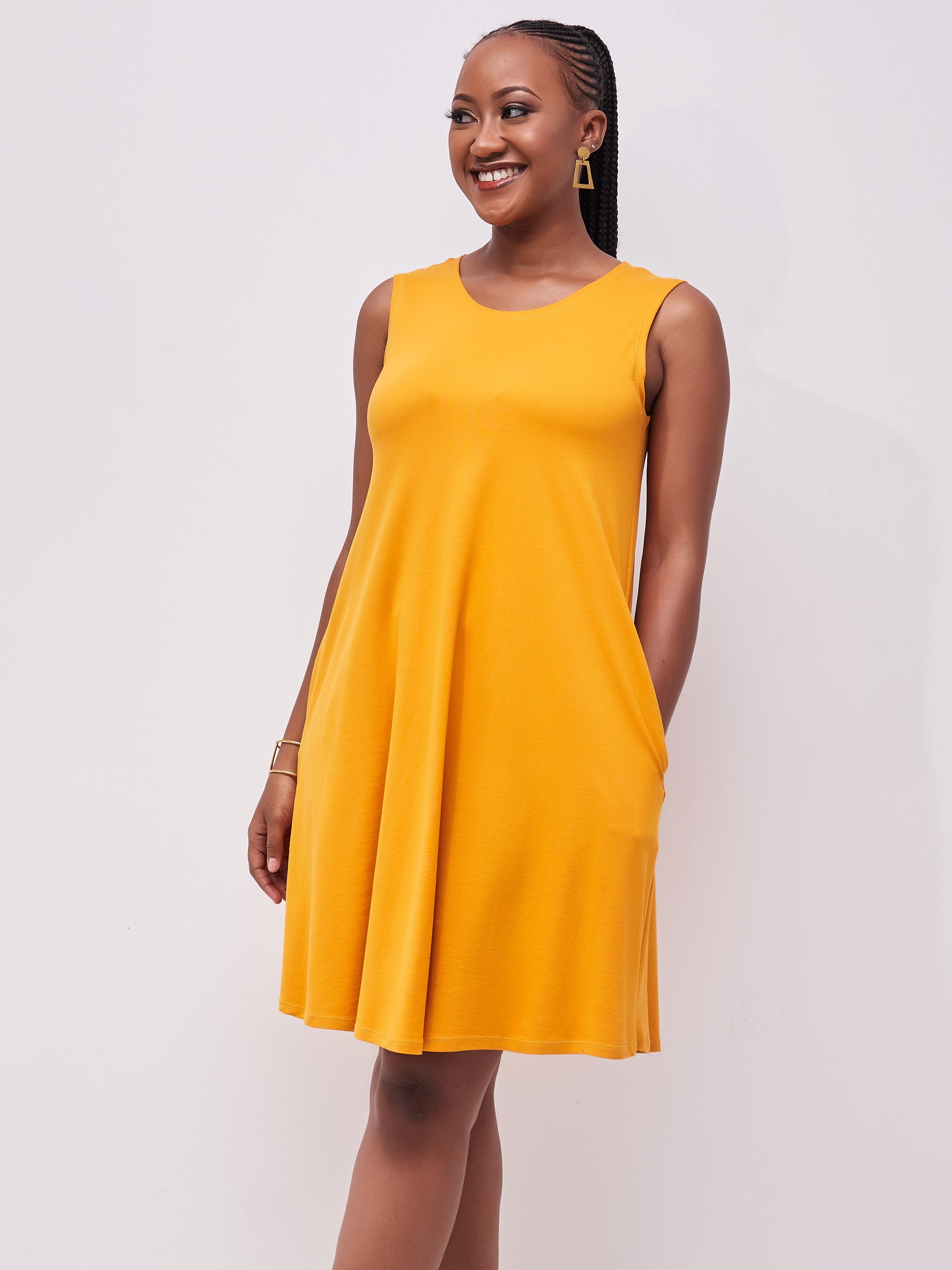 Vivo Basic Julia Back Pleat Knee Length Dress - Mustard