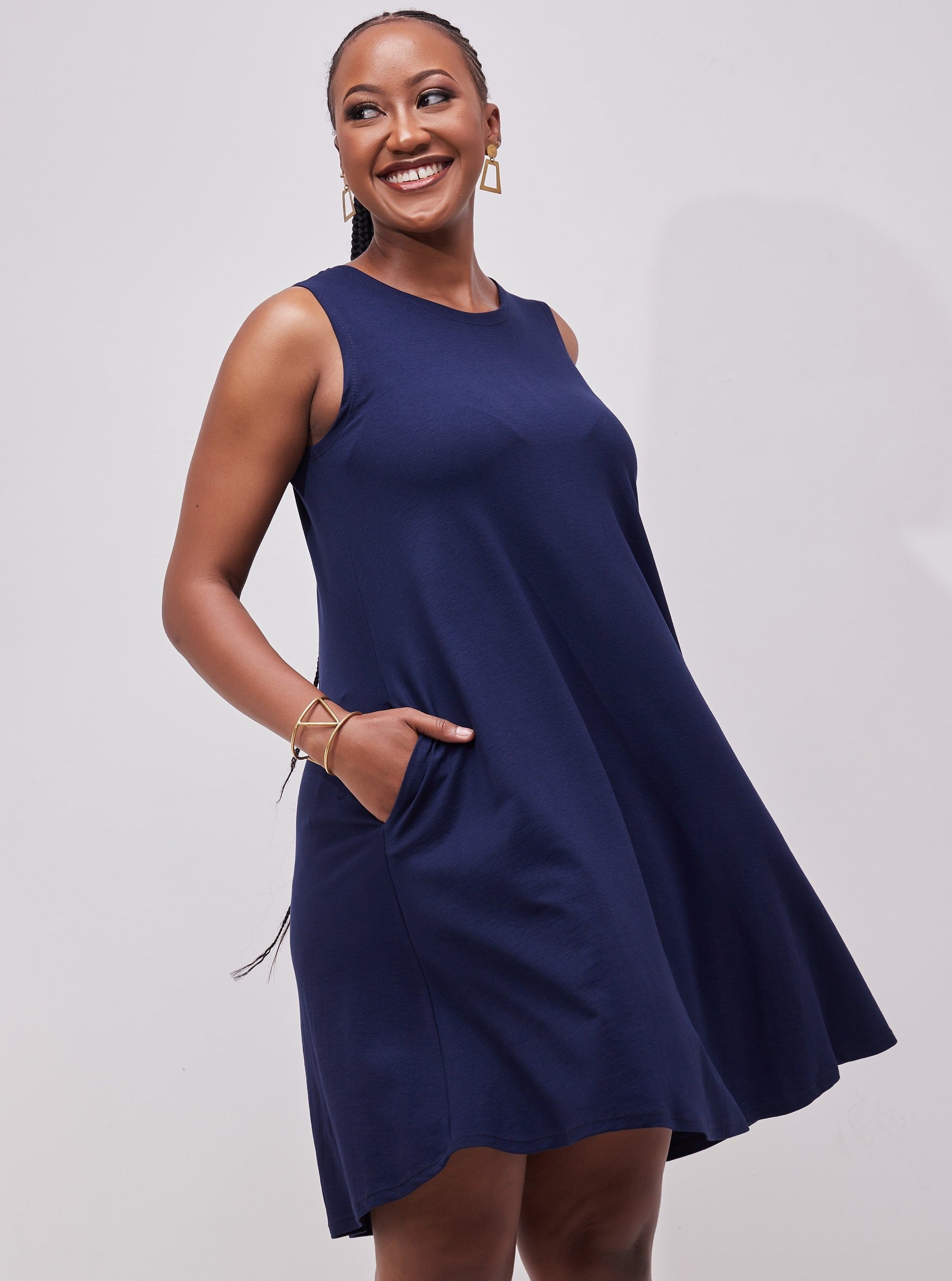 Vivo Basic Julia Back Pleat Knee Length Dress - Navy Blue