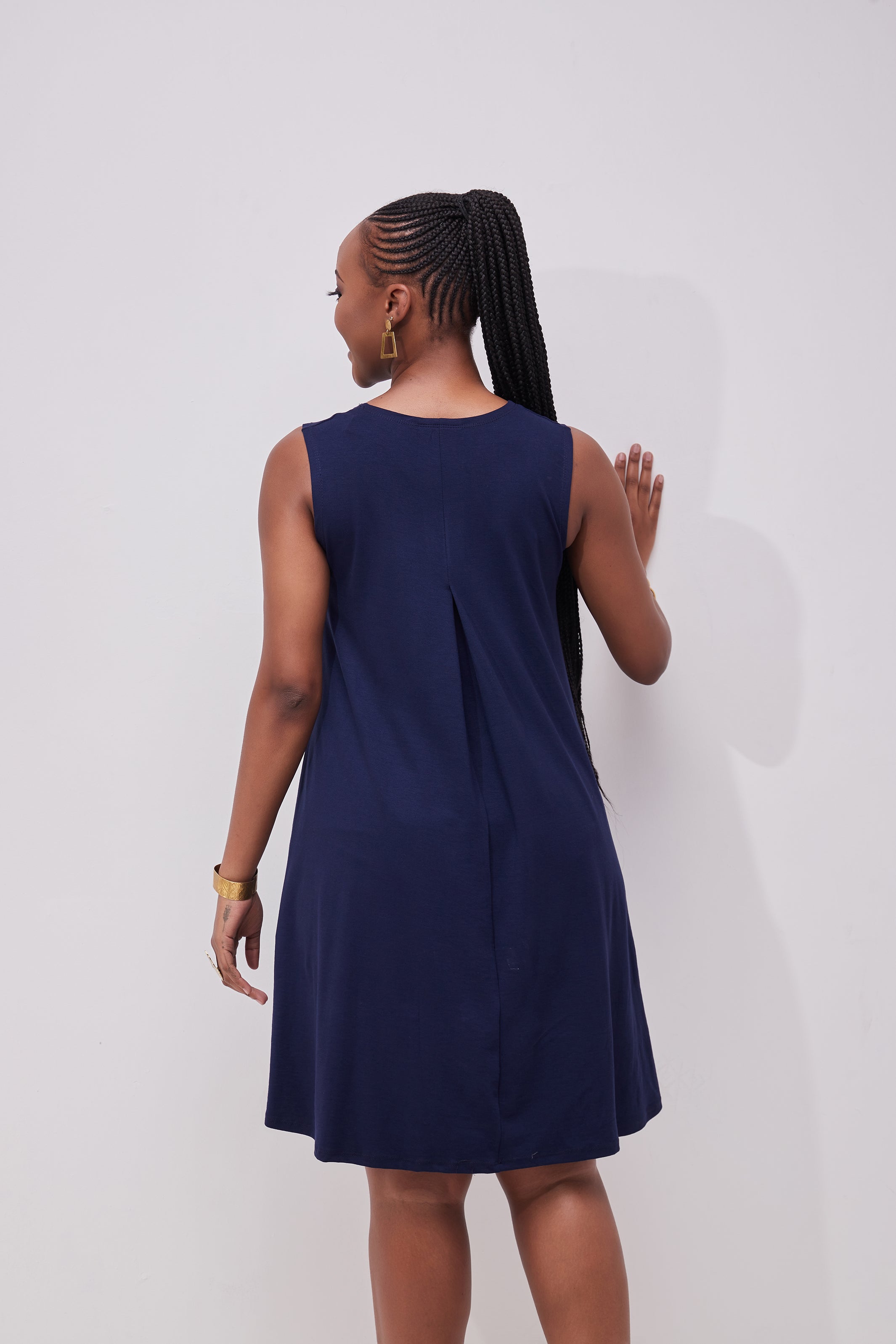 Vivo Basic Julia Back Pleat Knee Length Dress - Navy Blue