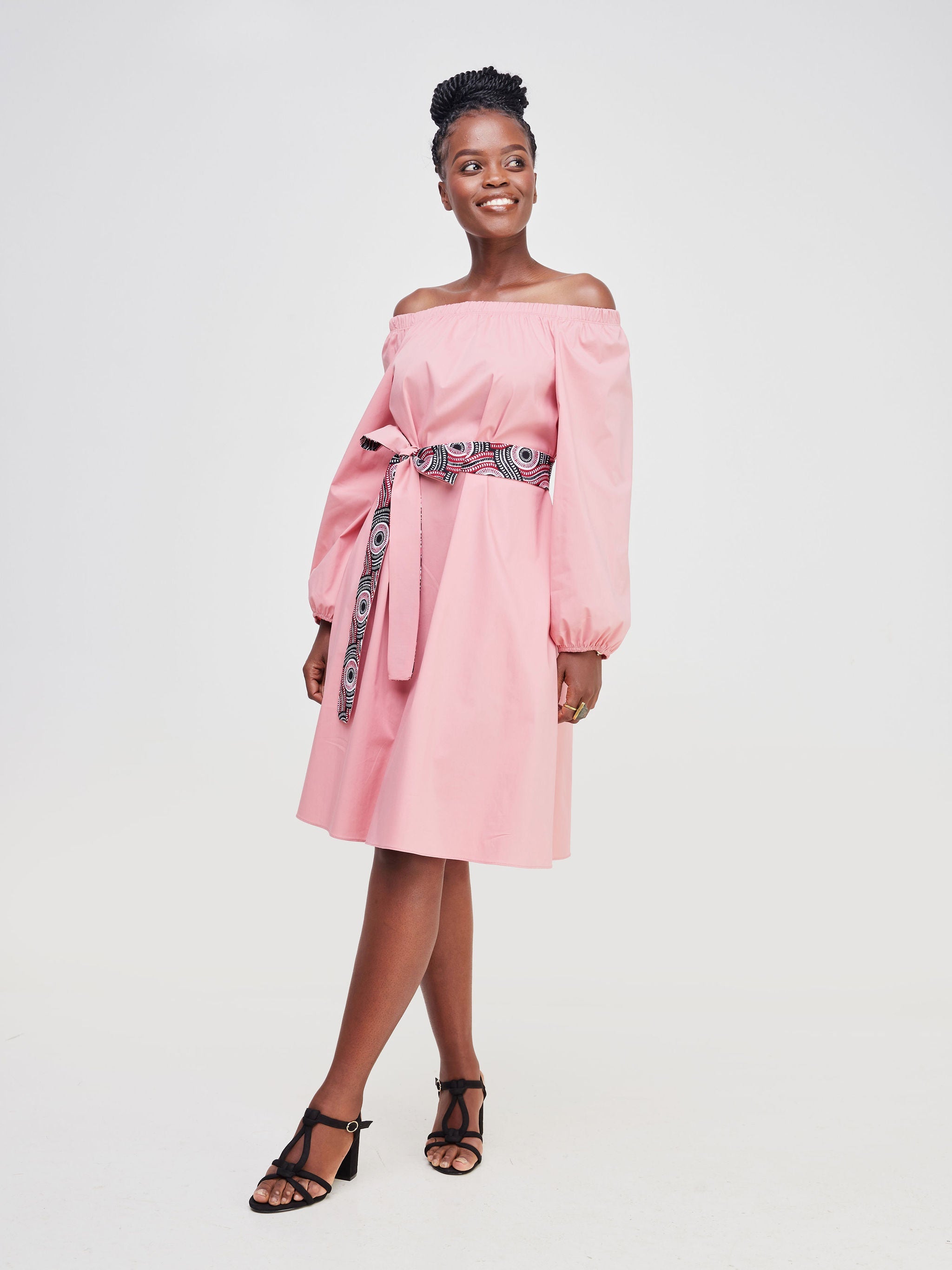 Safari Tawi Off Shoulder Knee Length Dress - Peach