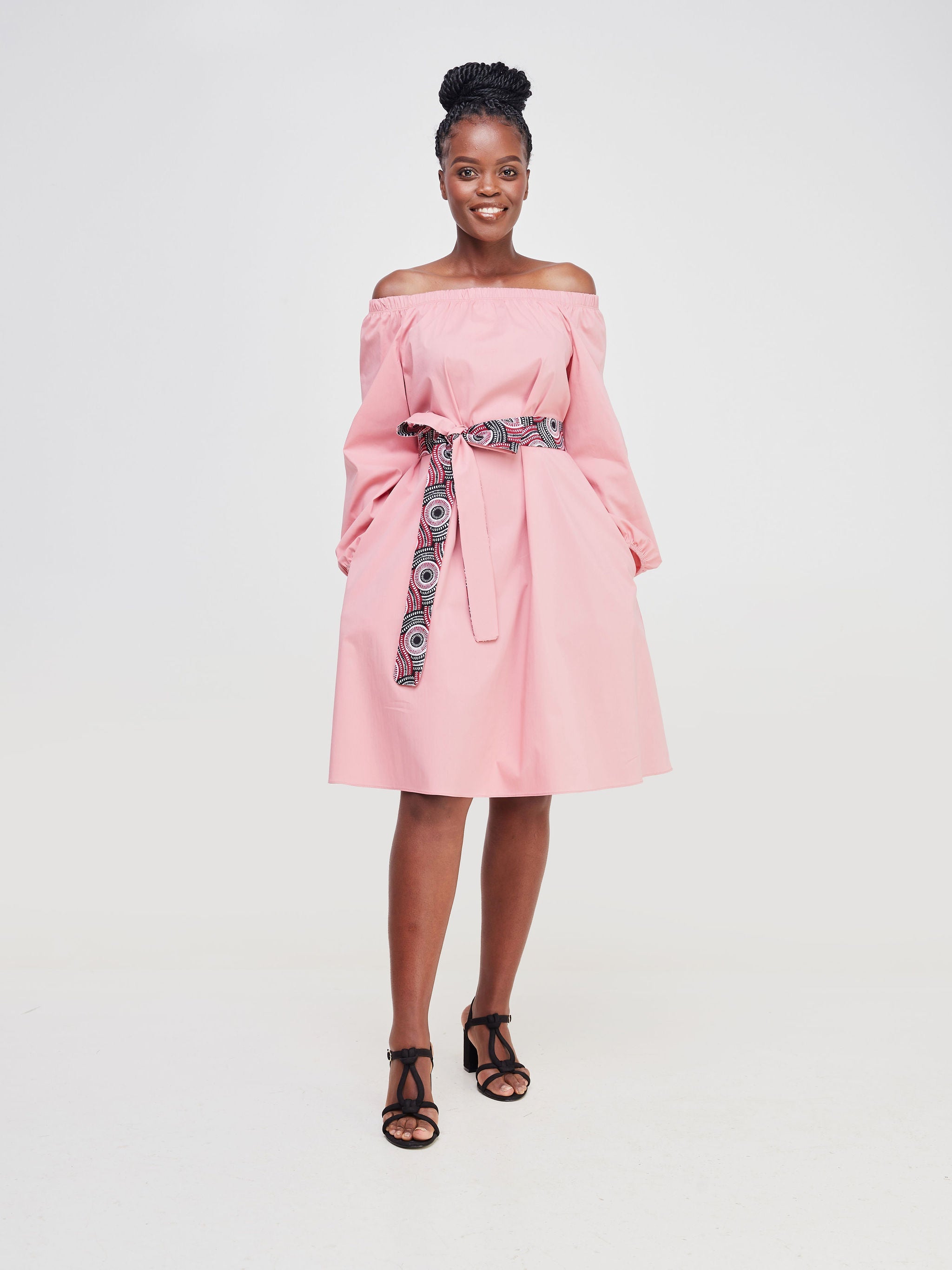 Safari Tawi Off Shoulder Knee Length Dress - Peach