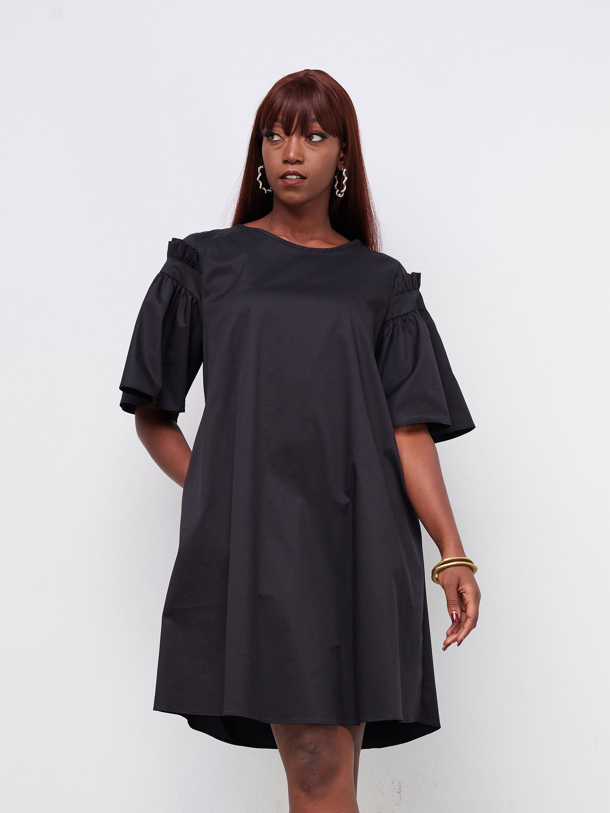 Safari Mali Gathered Flounce Sleeve Tent Dress - Black