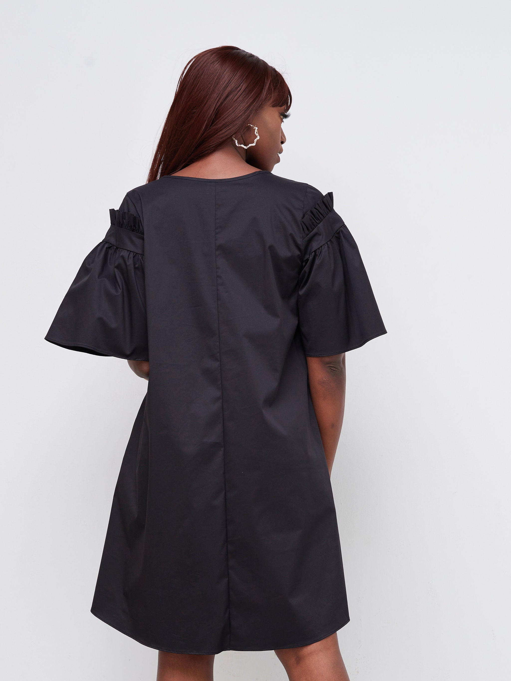 Safari Mali Gathered Flounce Sleeve Tent Dress - Black