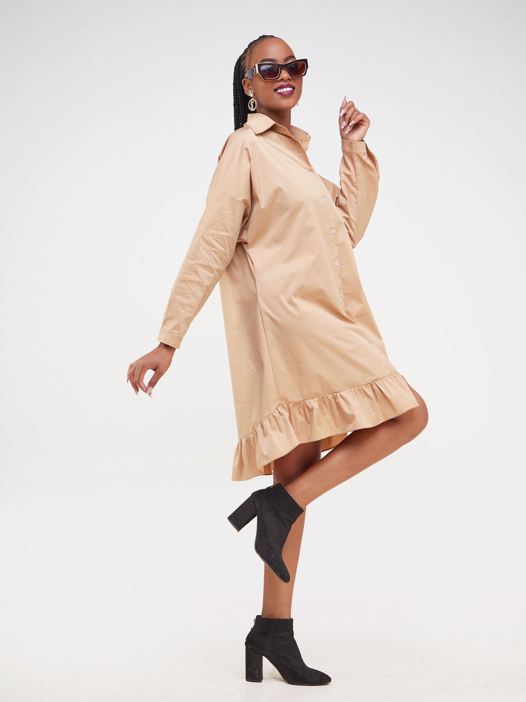 Safari Kaya Long Sleeve Dolman Flounce Shirt Dress - Taupe