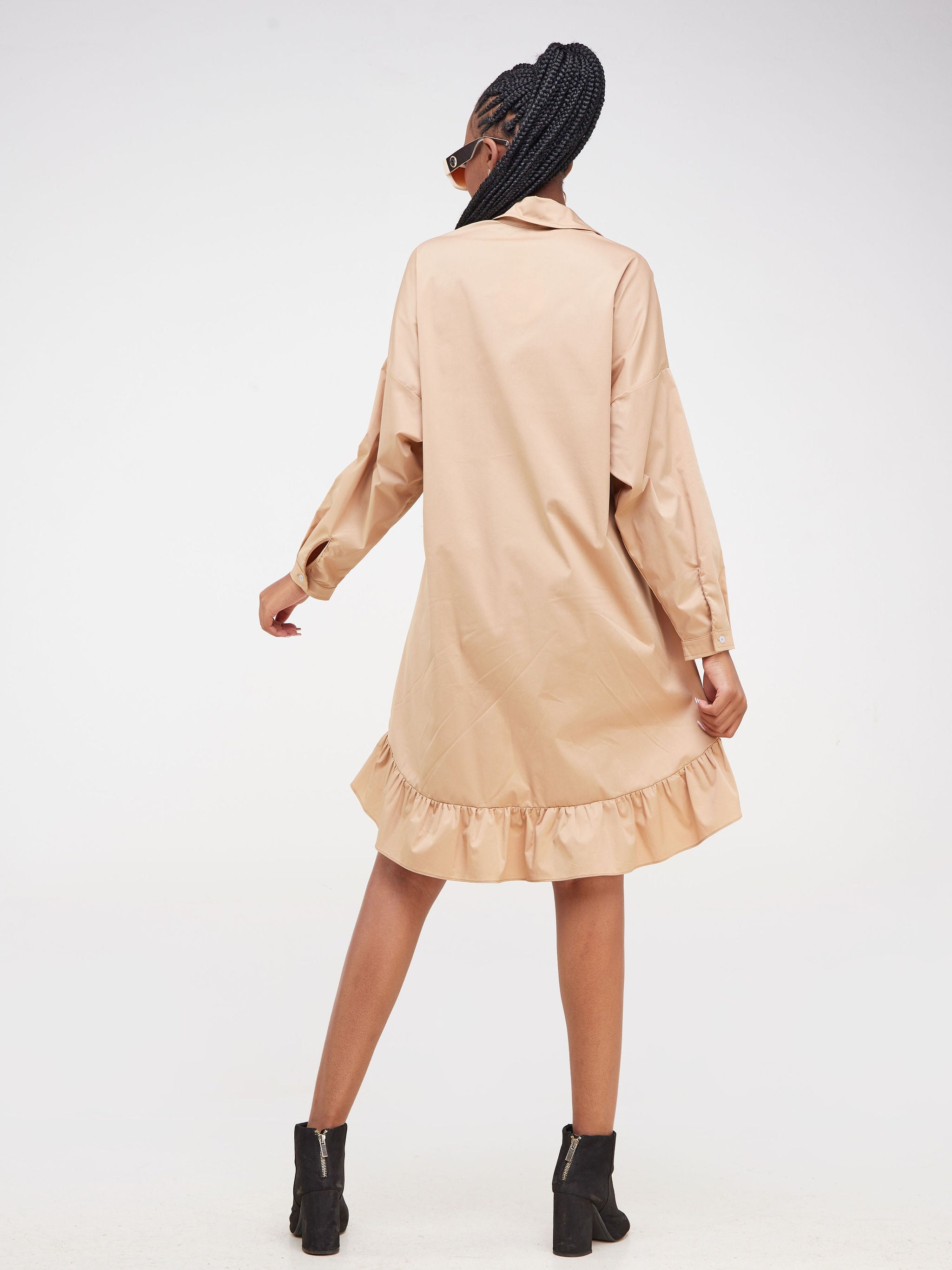 Safari Kaya Long Sleeve Dolman Flounce Shirt Dress - Taupe