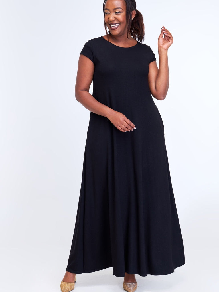 Vivo Leila Cap Sleeve Tent Maxi Dresses - Black - Shopzetu