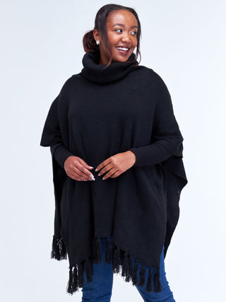 Vivo Turtleneck Knit Fringe Poncho - Black