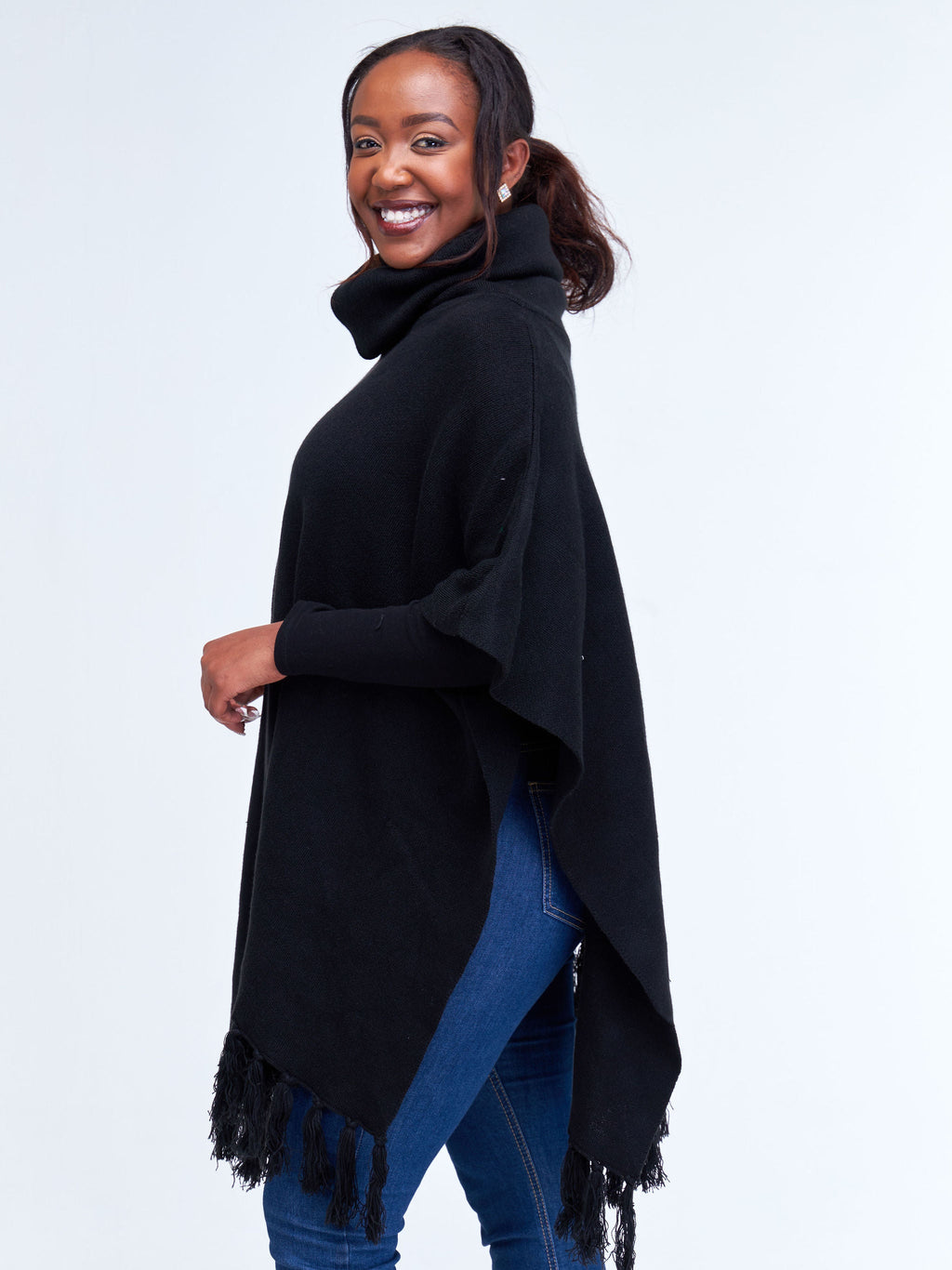 Vivo Turtleneck Knit Fringe Poncho - Black