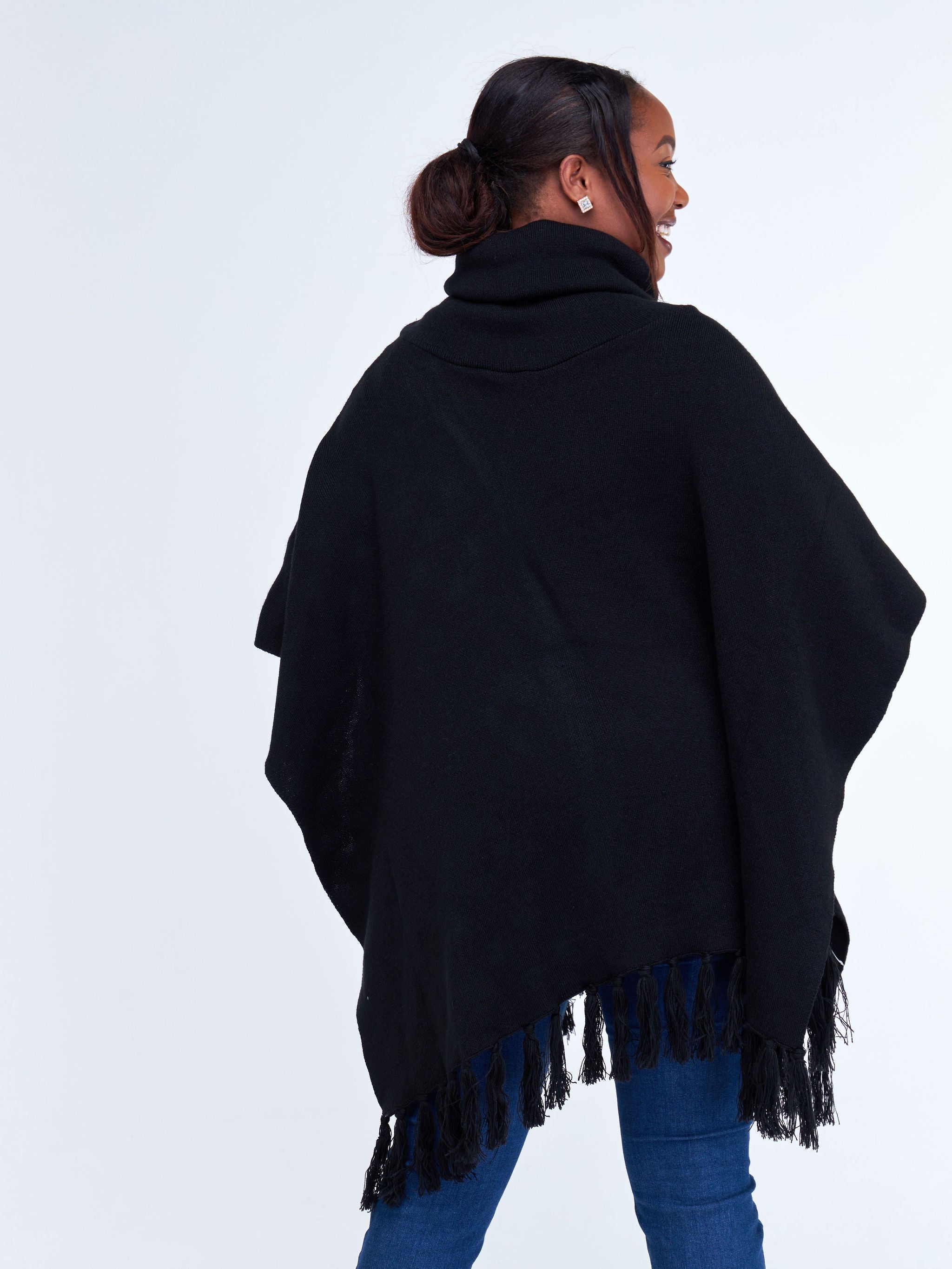 Vivo Turtleneck Knit Fringe Poncho - Black