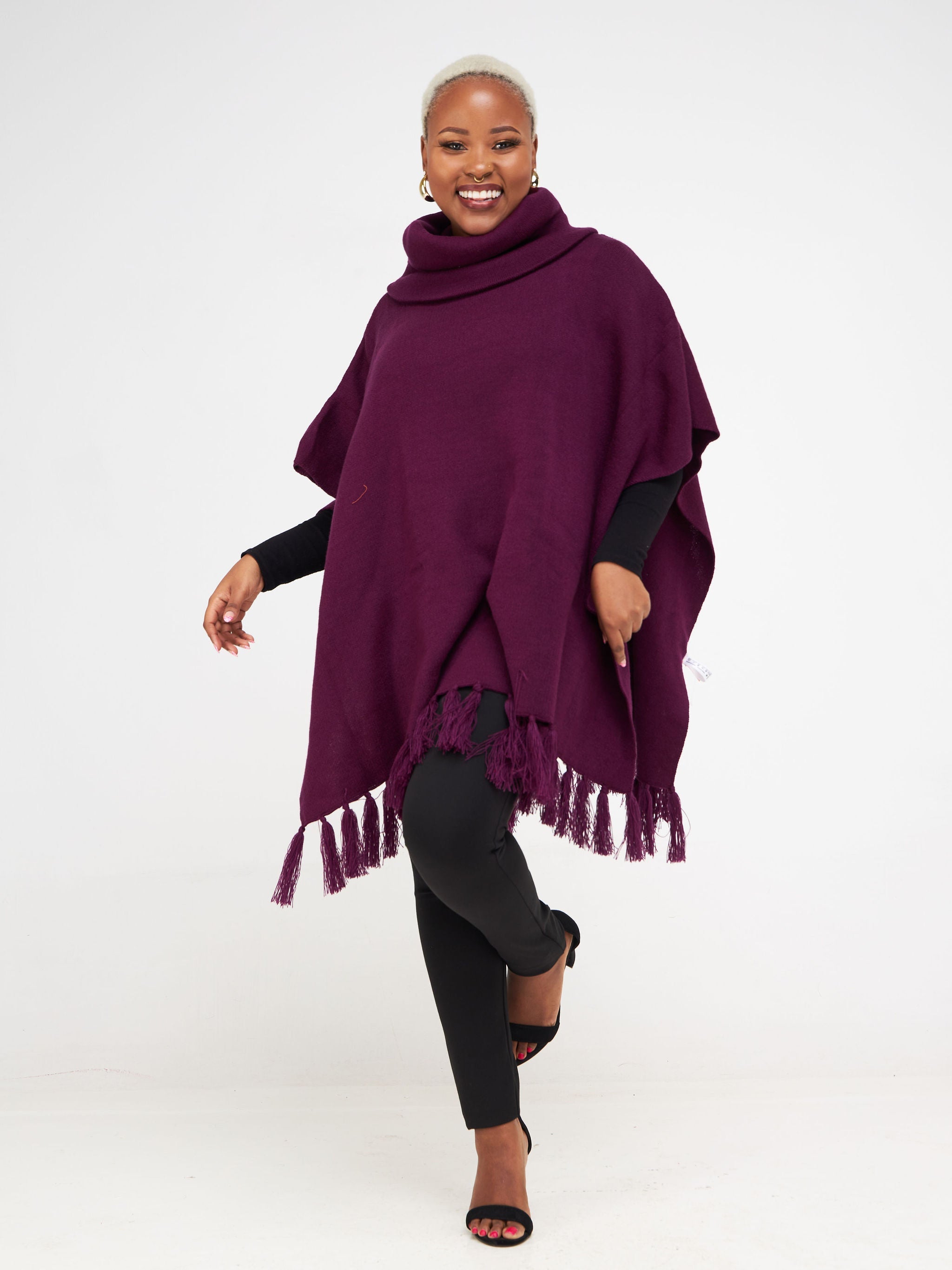 Vivo Turtleneck Knit Fringe Poncho - Burgundy