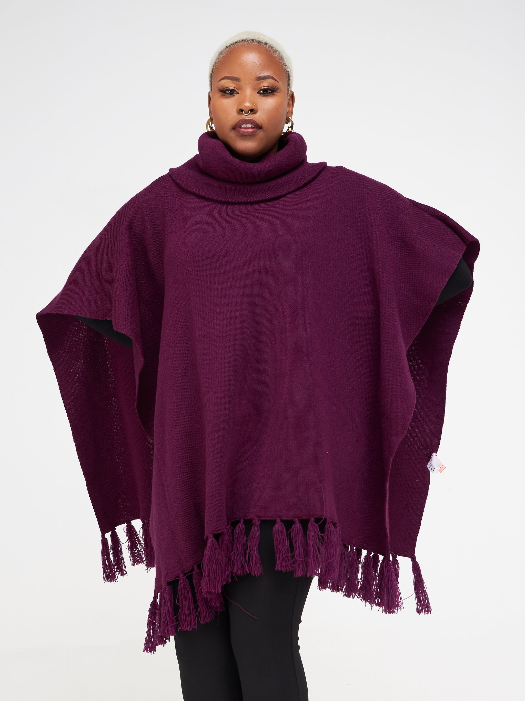 Vivo Turtleneck Knit Fringe Poncho - Burgundy