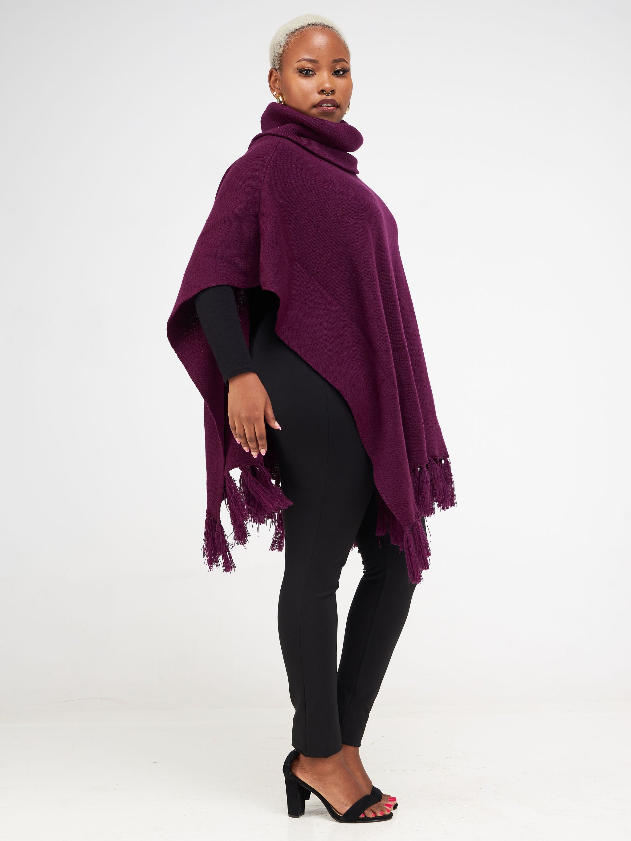 Vivo Turtleneck Knit Fringe Poncho - Burgundy