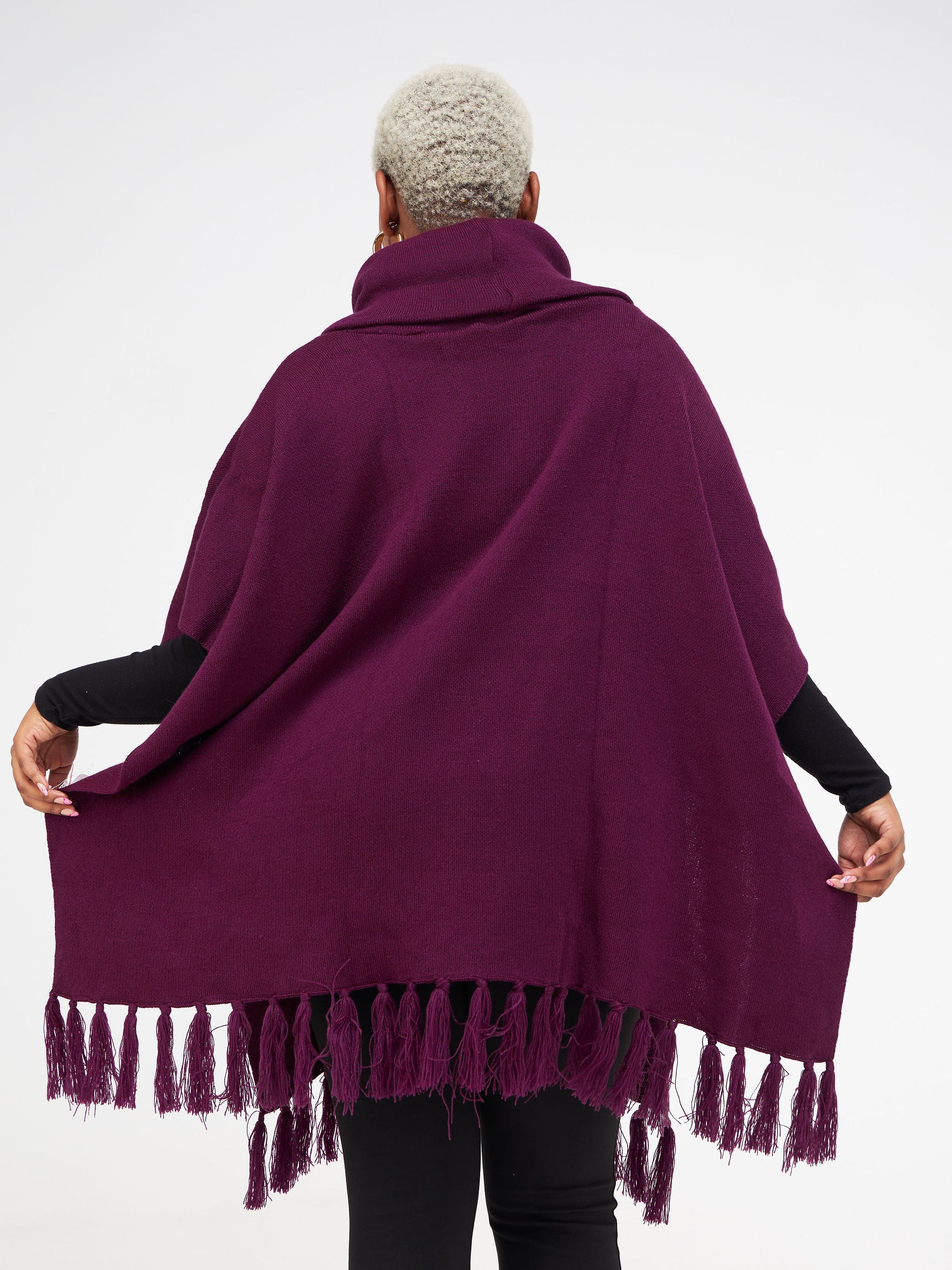 Vivo Turtleneck Knit Fringe Poncho - Burgundy