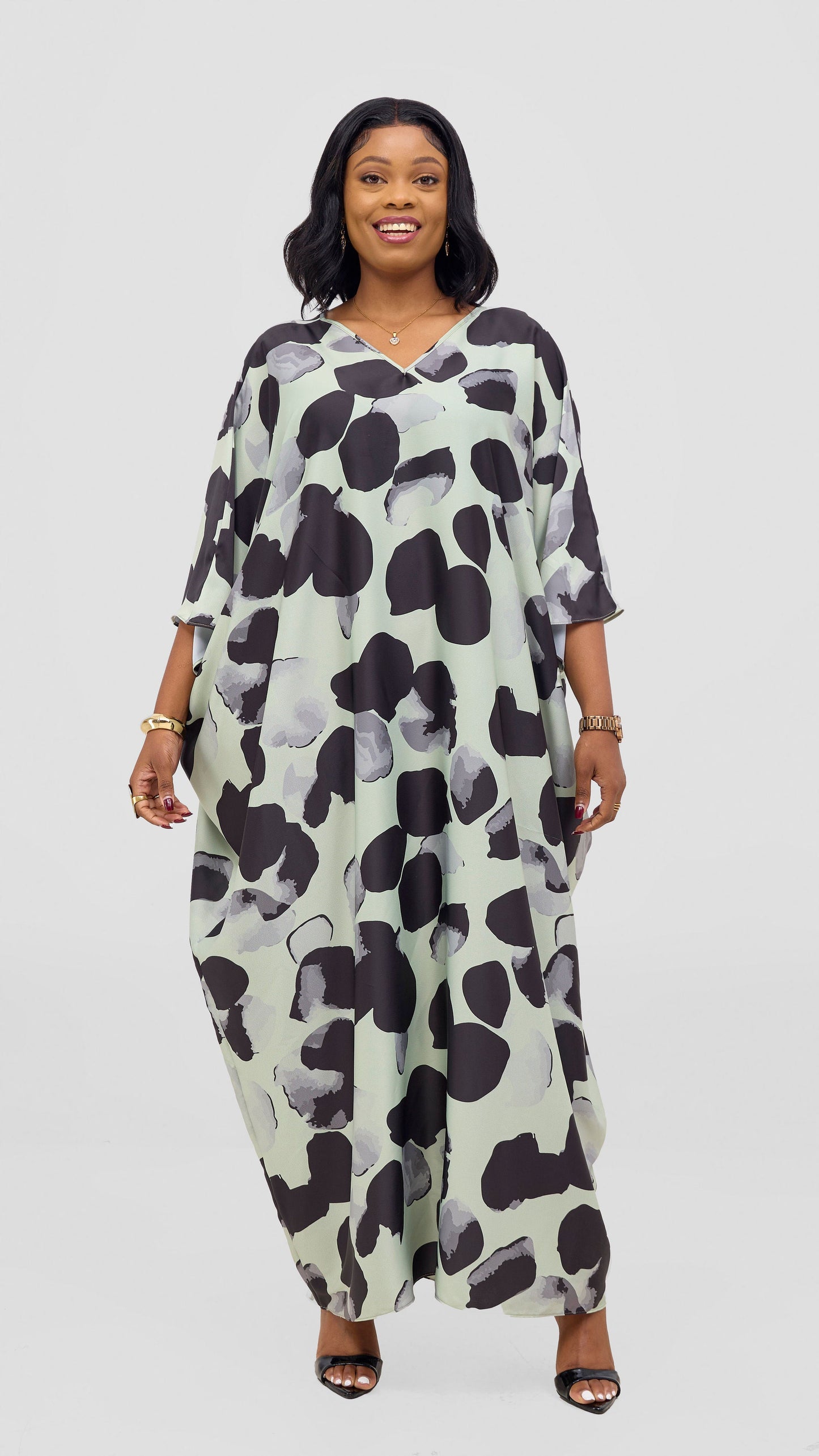 Vivo Keza V-Neck Maxi Kaftan - Olive / Black Arisi Print