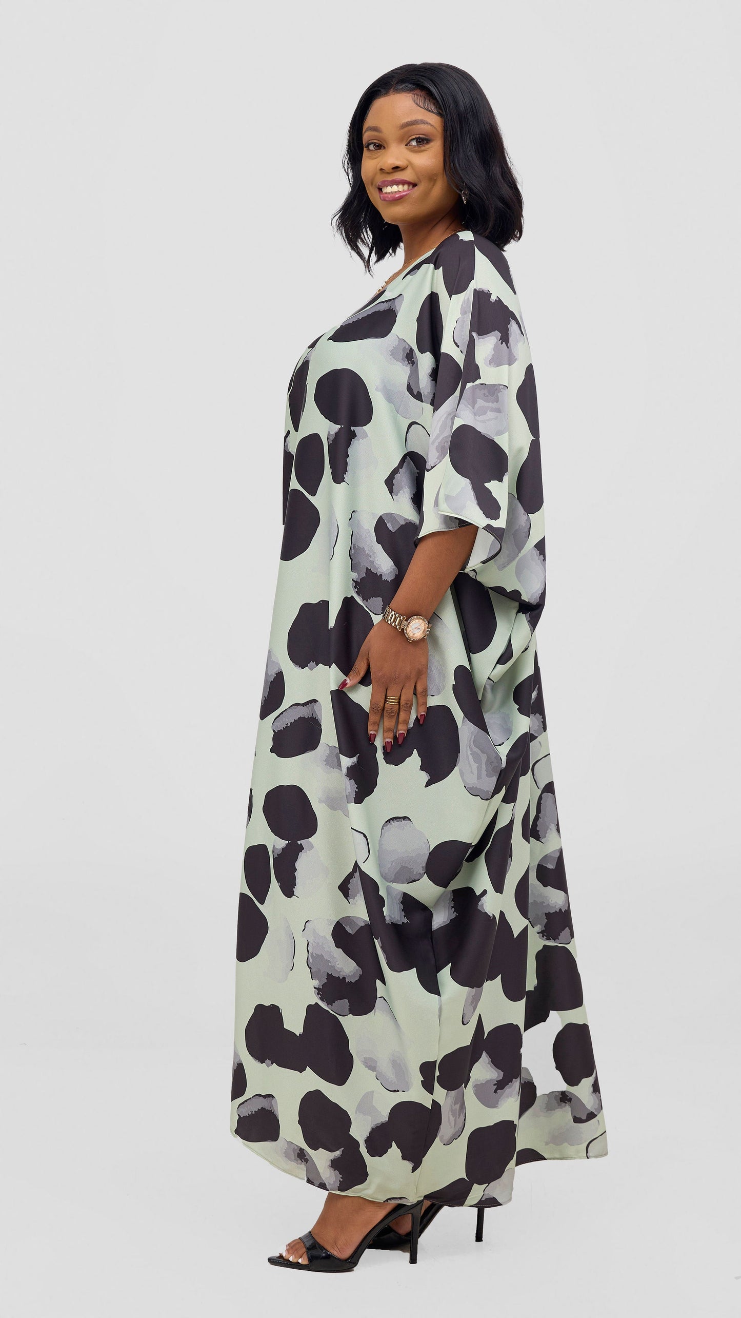 Vivo Keza V-Neck Maxi Kaftan - Olive / Black Arisi Print