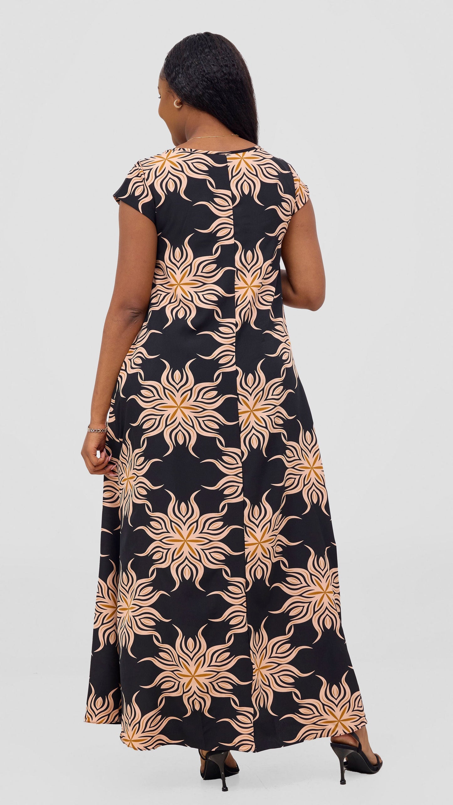 Vivo Basic Round Neck Maxi Dress - Black / Rust Print