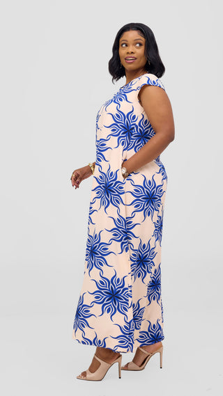 Vivo Basic Round Neck Maxi Dress - Blue / Black Print