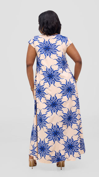 Vivo Basic Round Neck Maxi Dress - Blue / Black Print