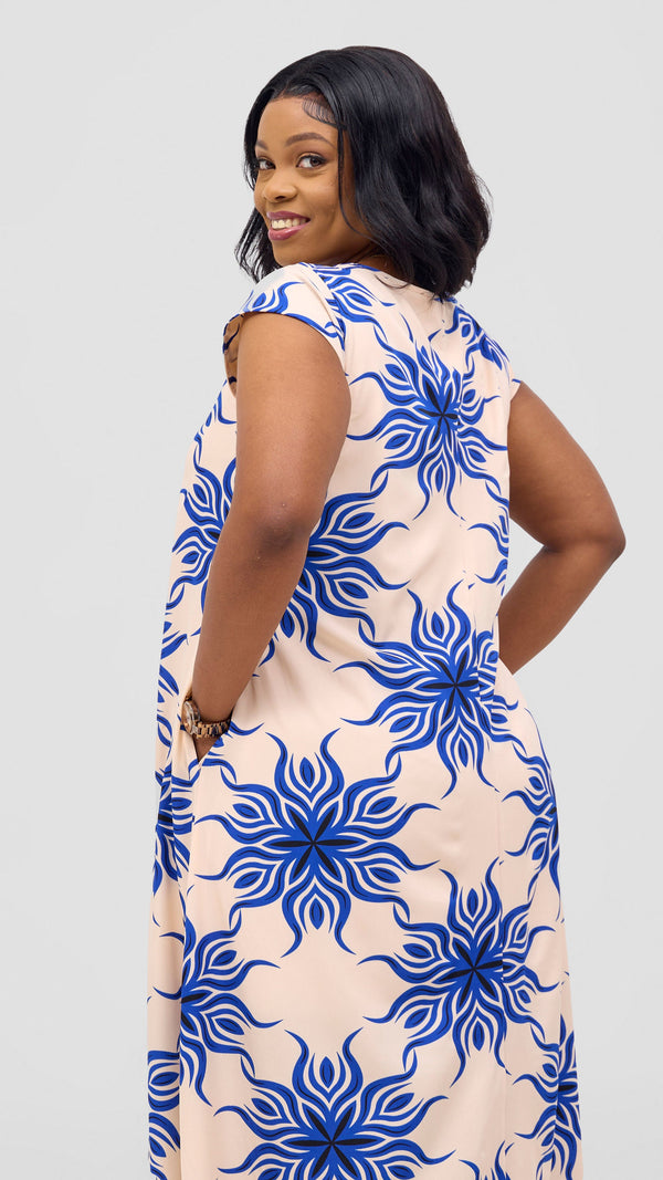 Vivo Basic Round Neck Maxi Dress - Blue / Black Print