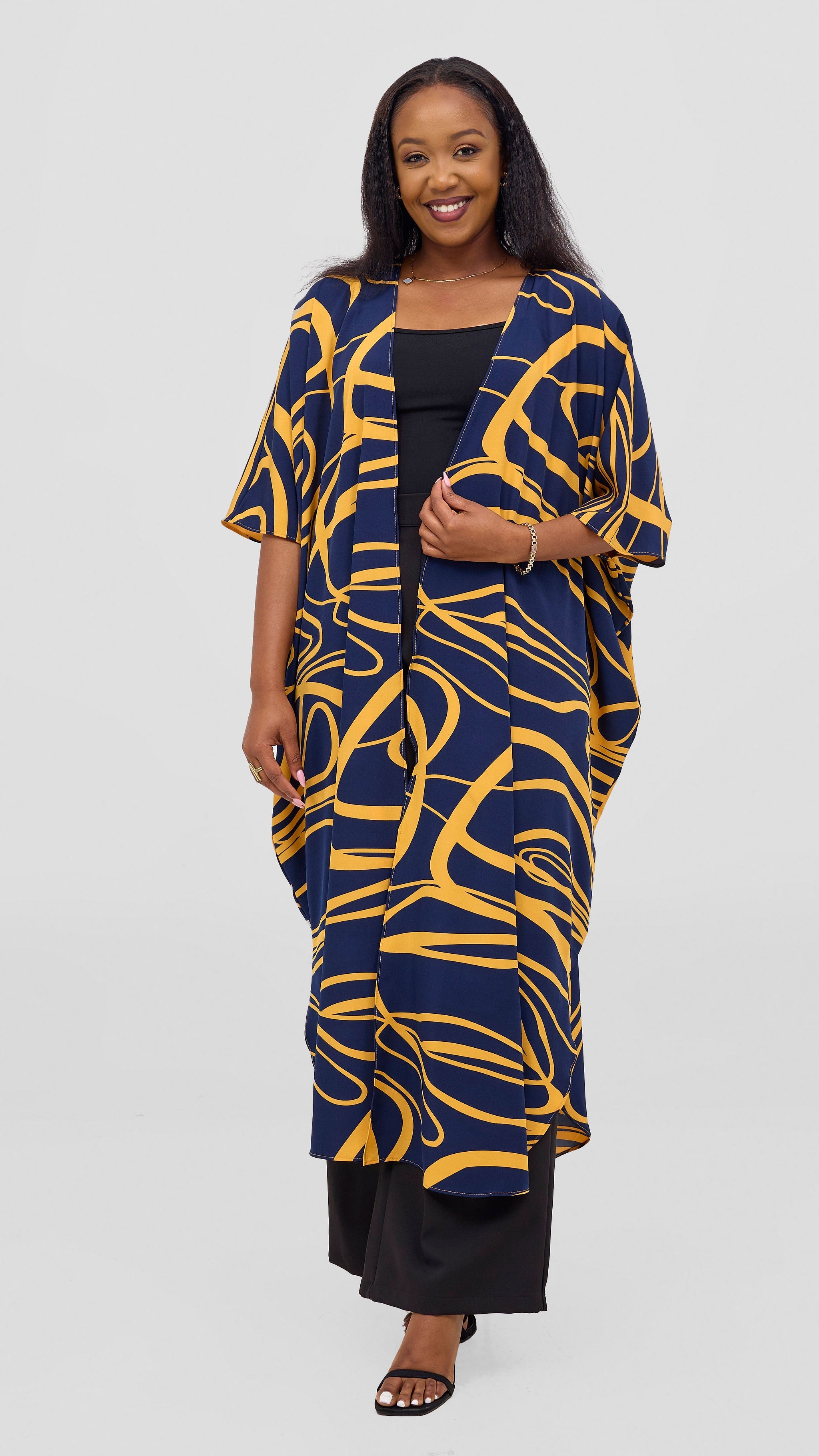 Vivo Basic Open Kaftan - Navy Blue / Mustard Print