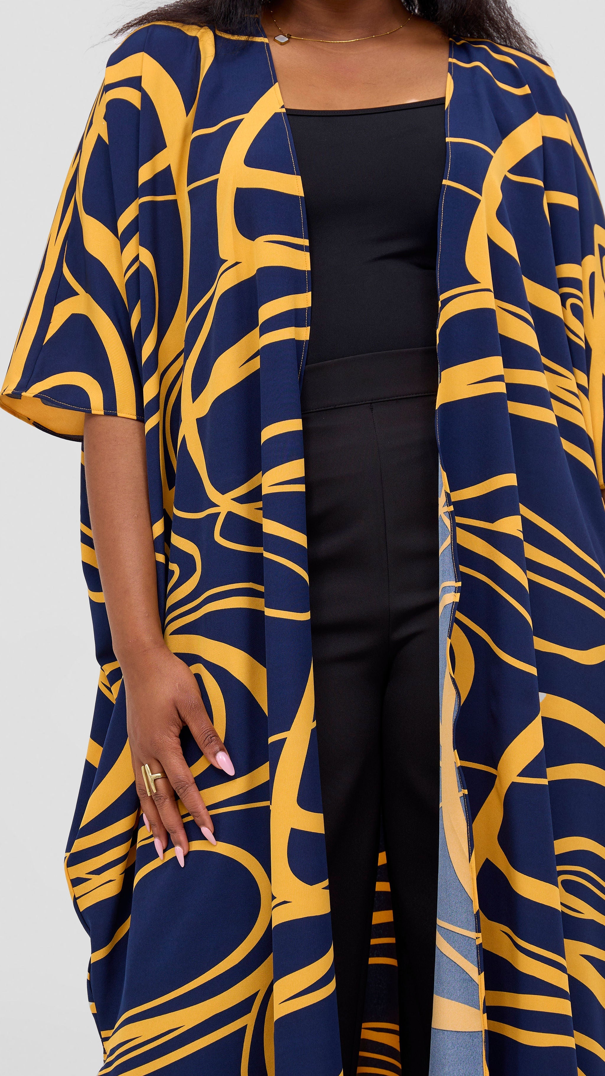 Vivo Basic Open Kaftan - Navy Blue / Mustard Print