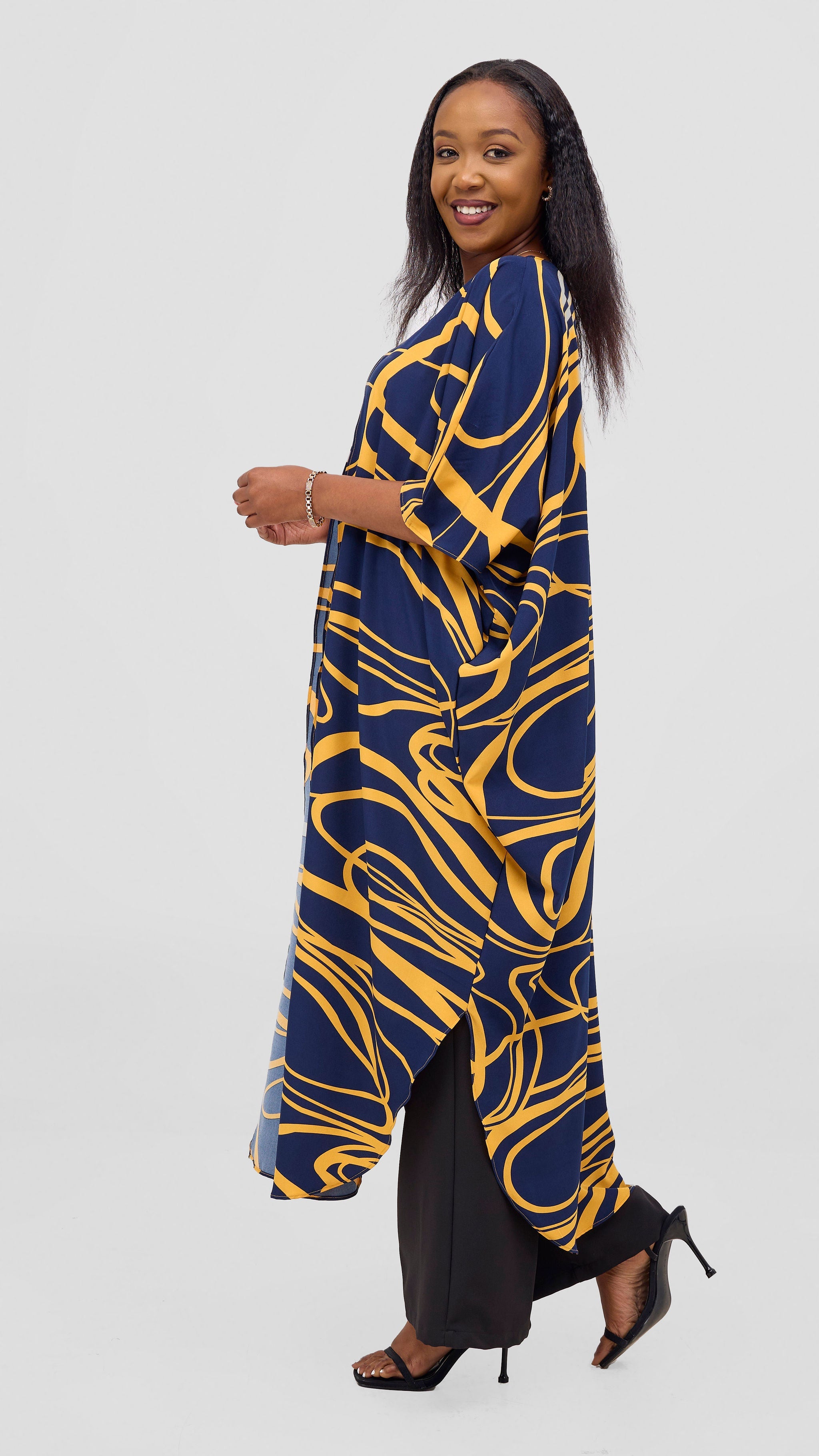 Vivo Basic Open Kaftan - Navy Blue / Mustard Print
