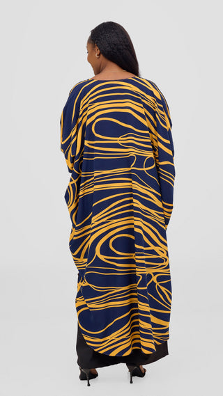 Vivo Basic Open Kaftan - Navy Blue / Mustard Print