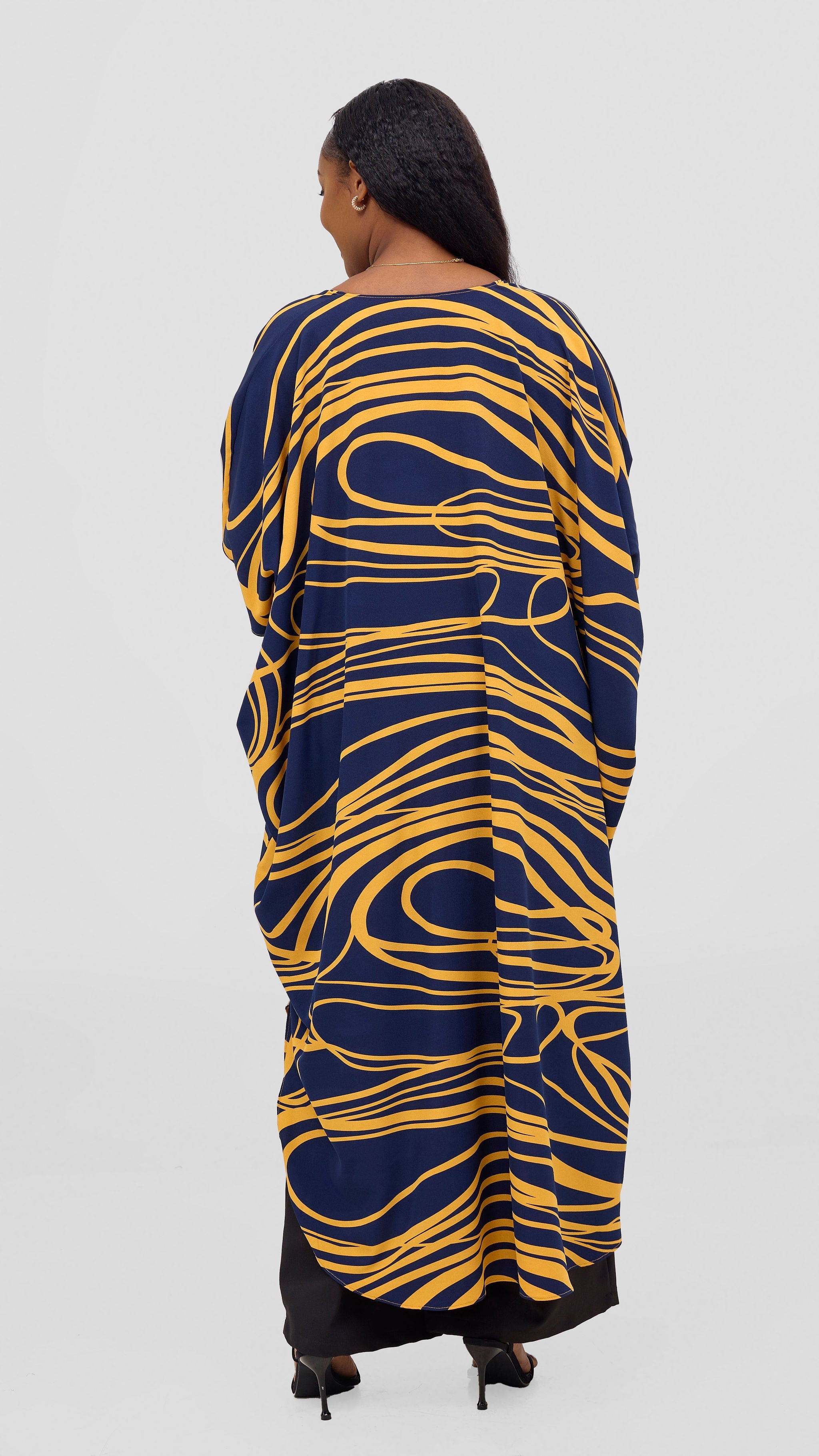 Vivo Basic Open Kaftan - Navy Blue / Mustard Print