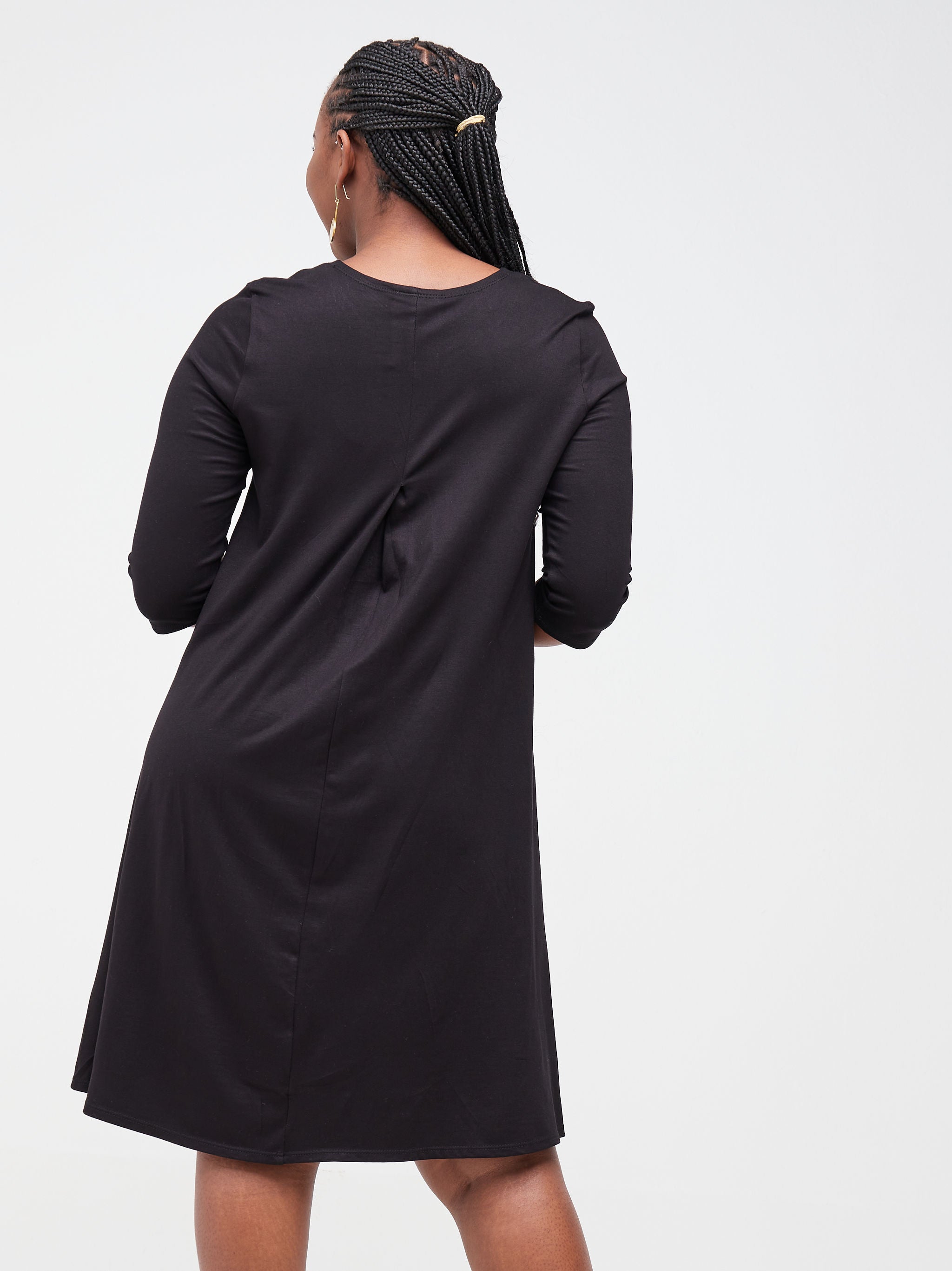 Vivo Basic Julia 3/4 Sleeve  Back Pleat Knee Length Dress - Black