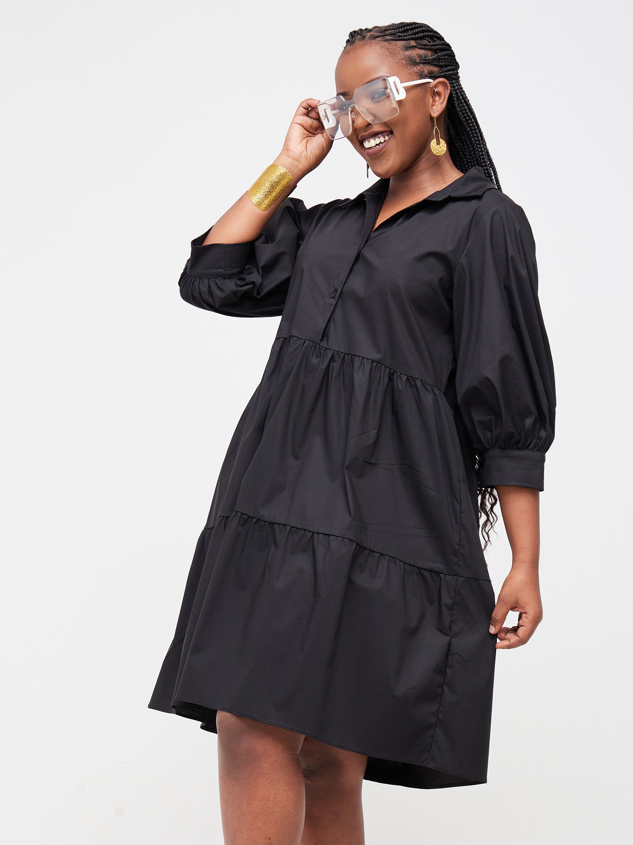 Safari Tawi Shirt Collar Bishop Sleeve Tiered Dress - Black