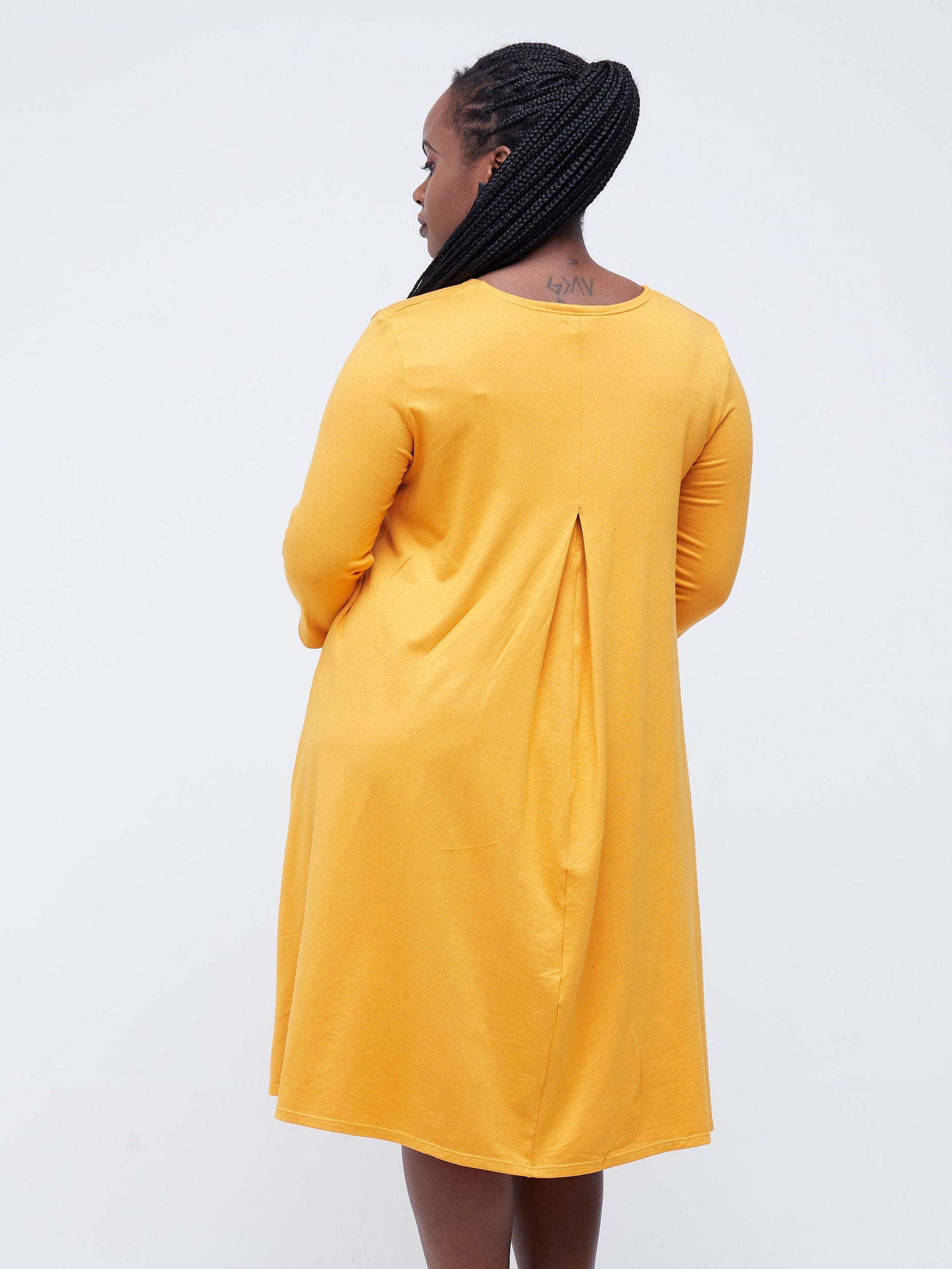 Vivo Basic Julia 3/4 Sleeve  Back Pleat Knee Length Dress - Mustard