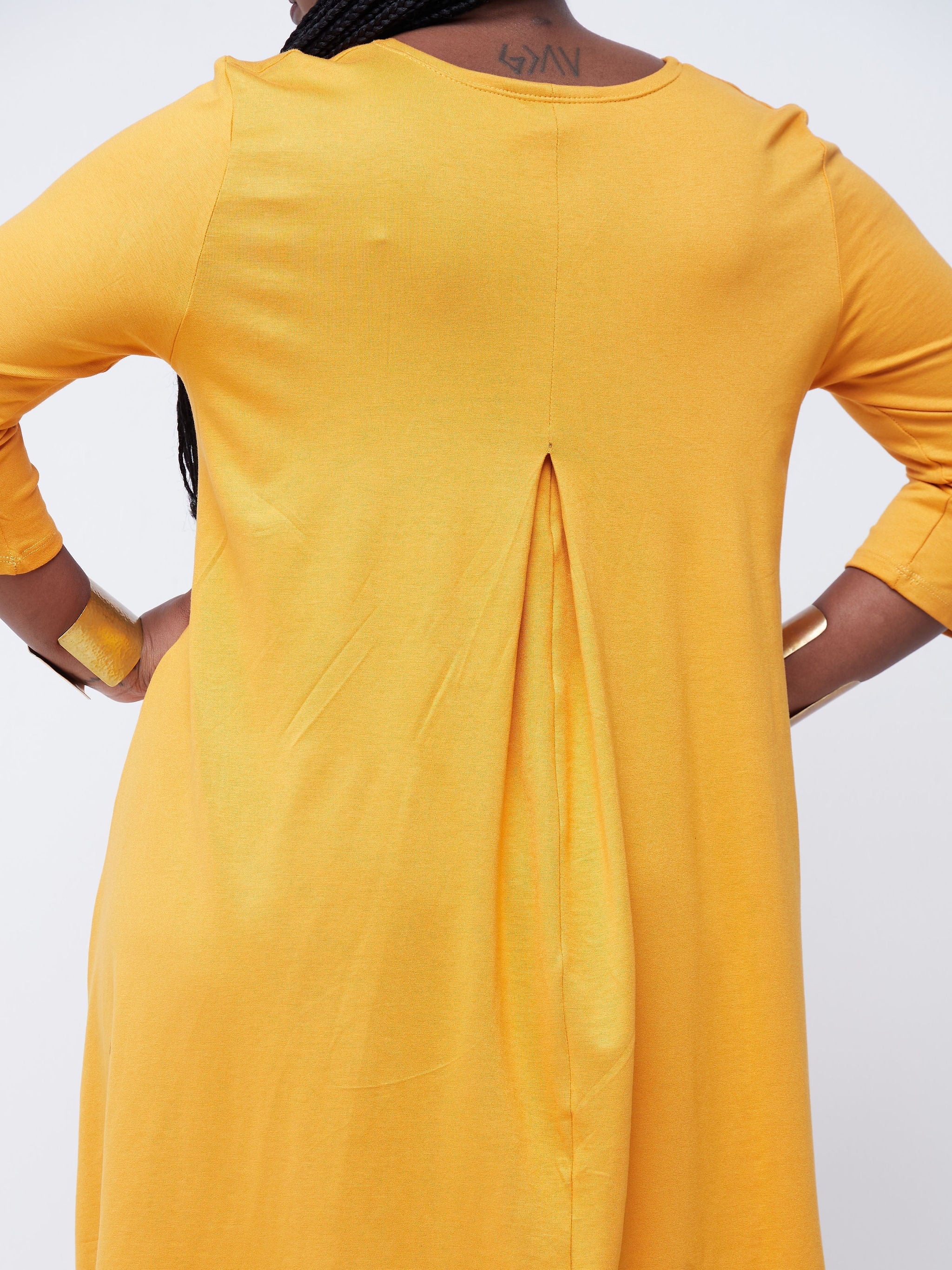 Vivo Basic Julia 3/4 Sleeve  Back Pleat Knee Length Dress - Mustard