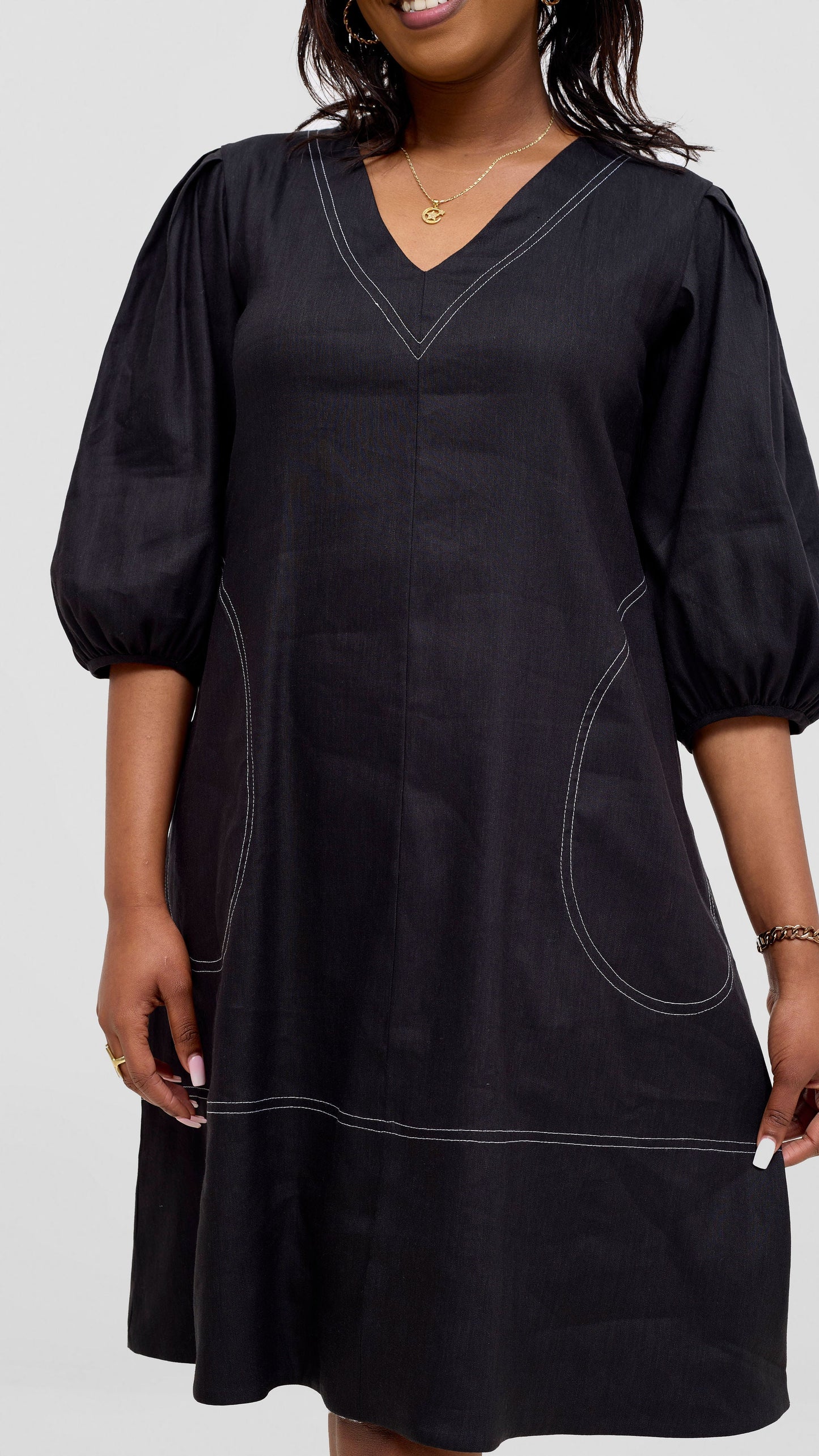 Vivo Seli Bishop Sleeve Knee Length Dress - Black
