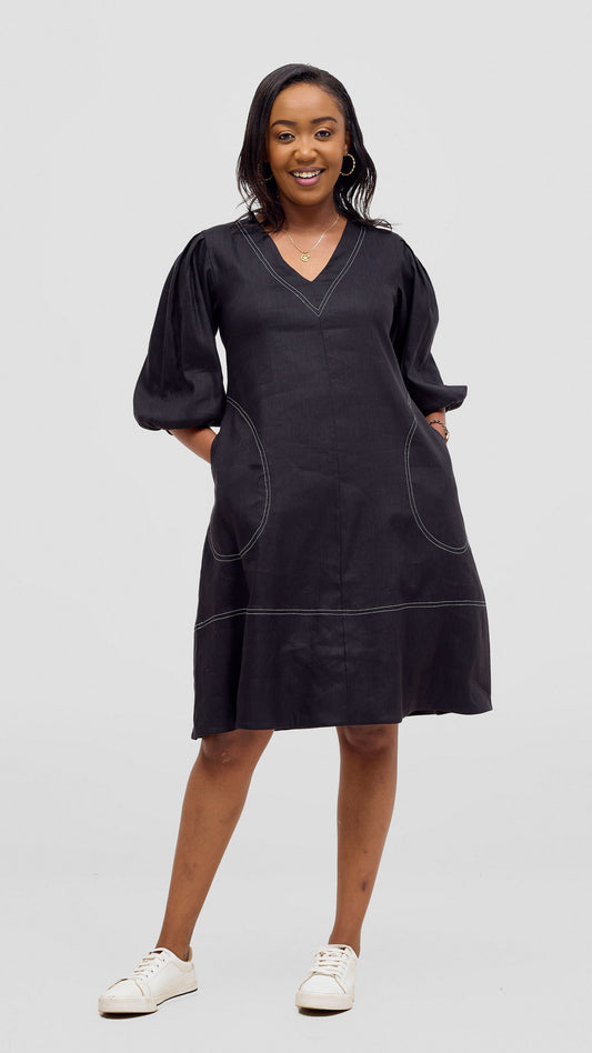 Vivo Seli Bishop Sleeve Knee Length Dress - Black