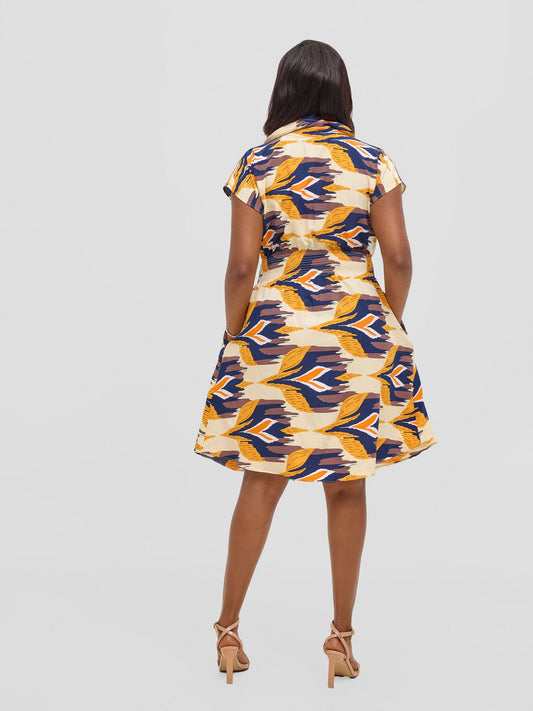 Vivo Zena Shirred Waist Shirt Dress - Beige / Mustard Print